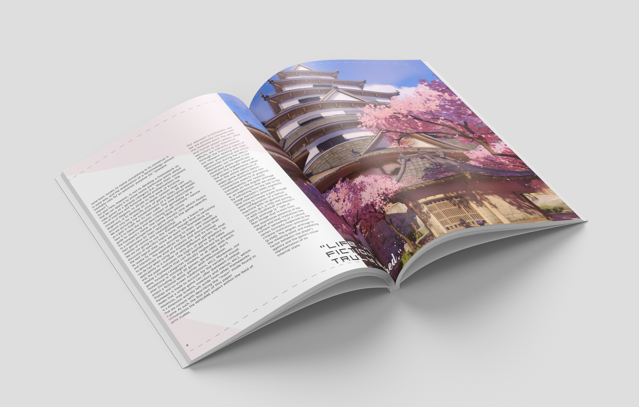 Open magazine showcasing a colorful architectural building with curved balconies and cherry blossom trees in full bloom against a blue sky.