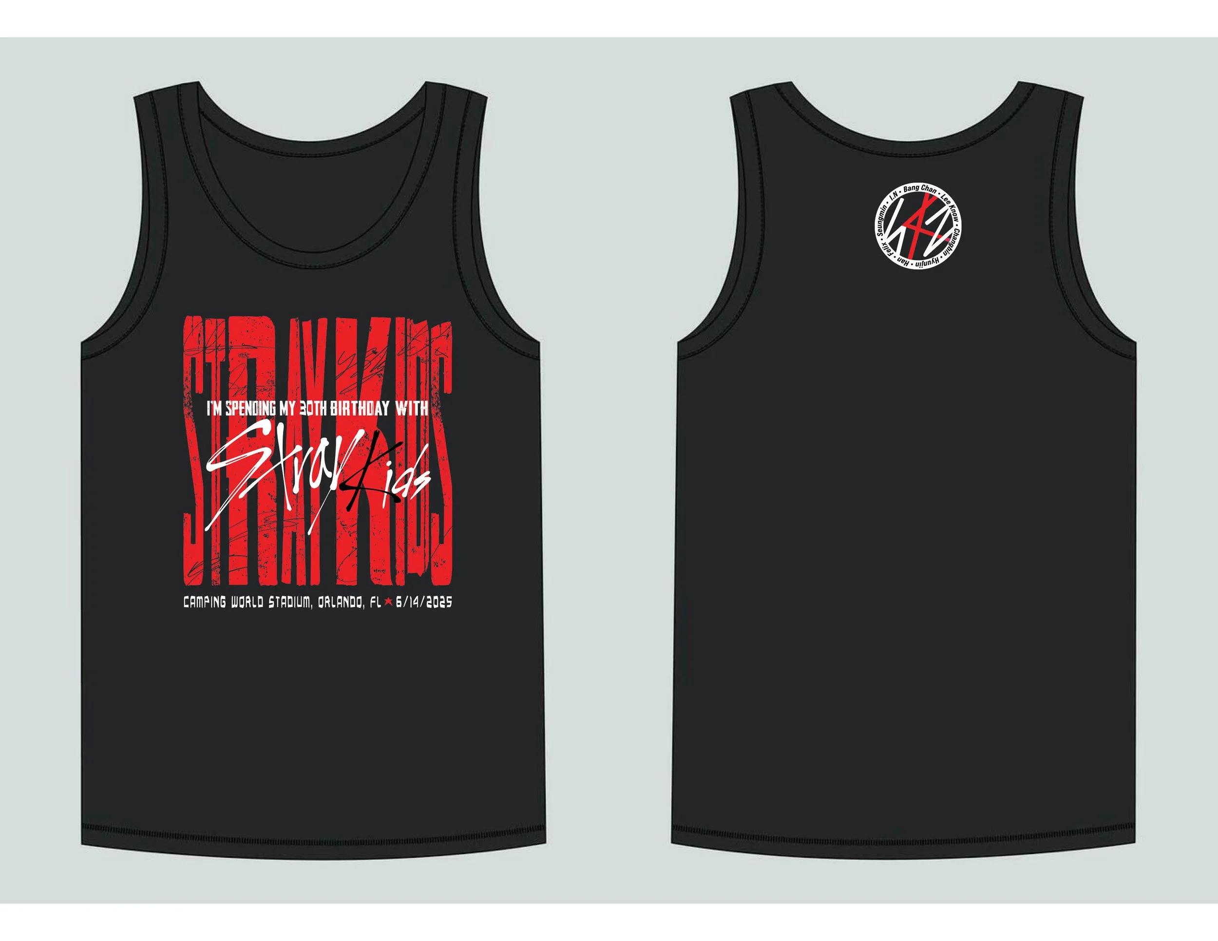 Two black sleeveless T-shirts with red and white text and designs. The front of the shirt features a large red graphic with white text below it, and the back has a circular logo with red, black, and white colors. The shirt promotes a concert or event
