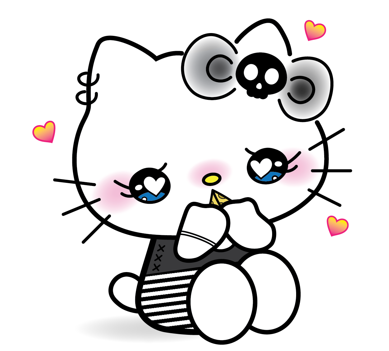  cartoon depiction of Hello Kitty with a skull bow, blushing cheeks, holding a small item, surrounded by pink hearts, in a cute style.