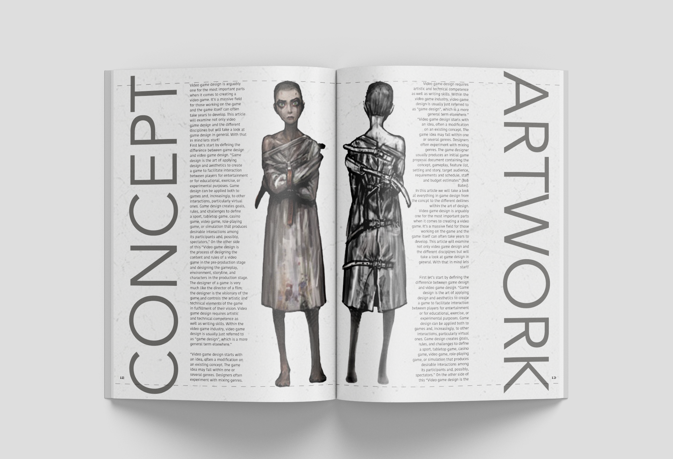 Open magazine showing black-and-white sketches and colored illustrations of two women, with large vertical text reading 'CONCEPT ART' on either side of the pages.