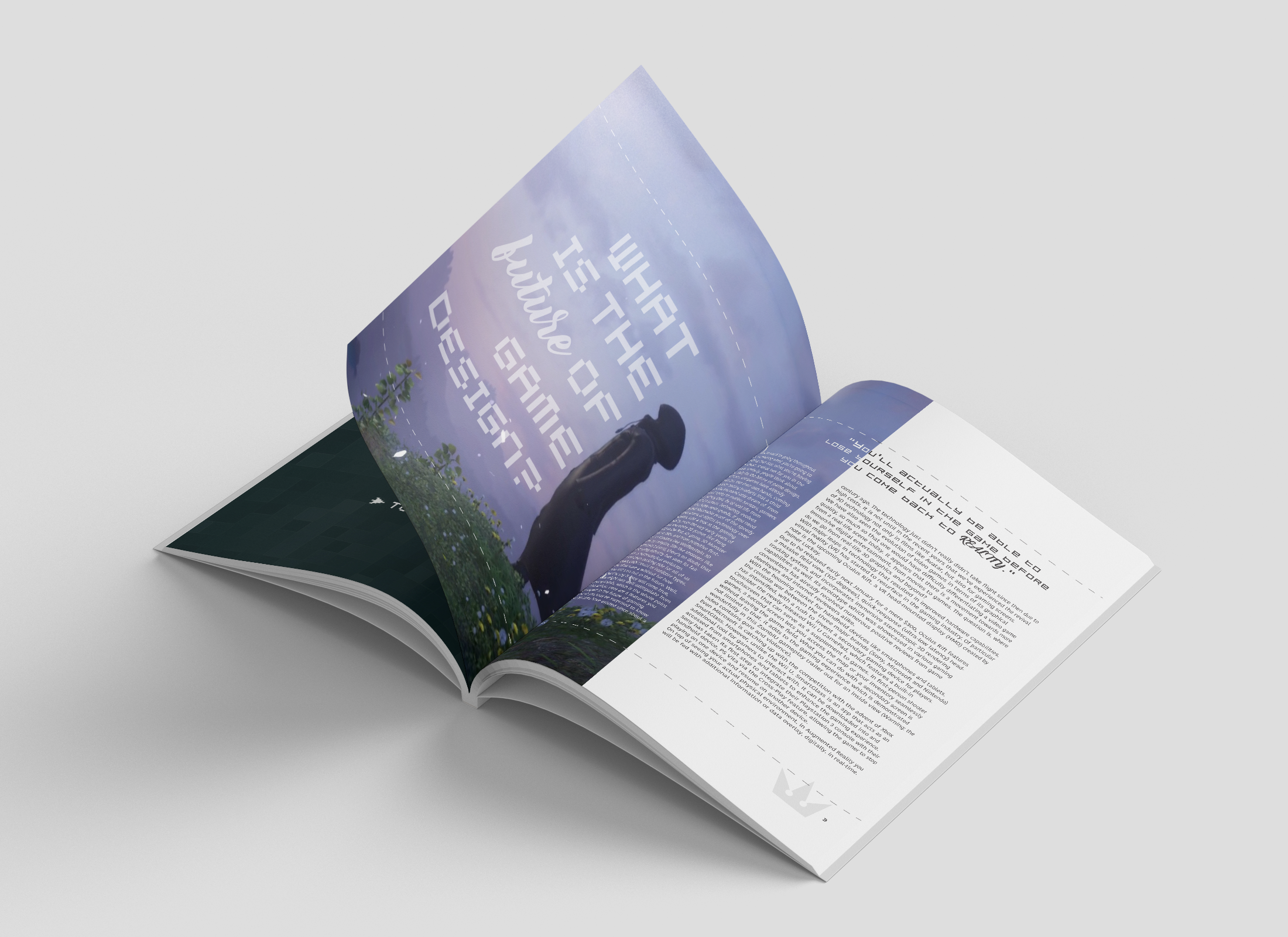 Open magazine or brochure with a page showing a cloudy sky and a person wearing a hat, with partially visible text that reads 'WHAT IS THE FUTURE OF SATELLITE'.