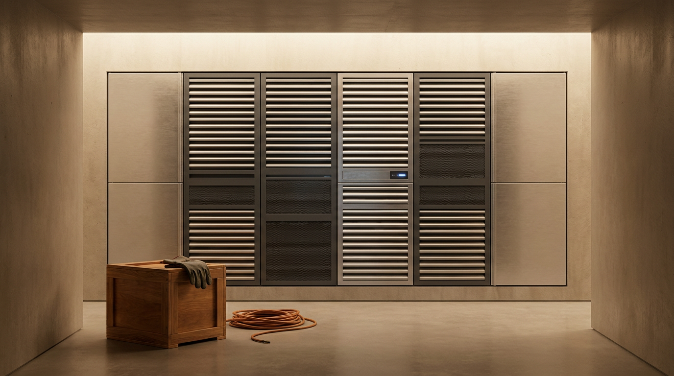 A narrow corridor with beige walls and floor leading to a door with horizontal vents. There is a wooden box with work gloves on top and a coiled extension cord on the floor.