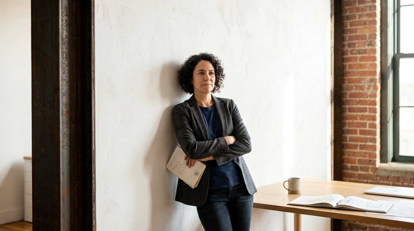 A woman with curly hair stands with arms crossed, holding a notebook, in a modern office with brick walls and large window.