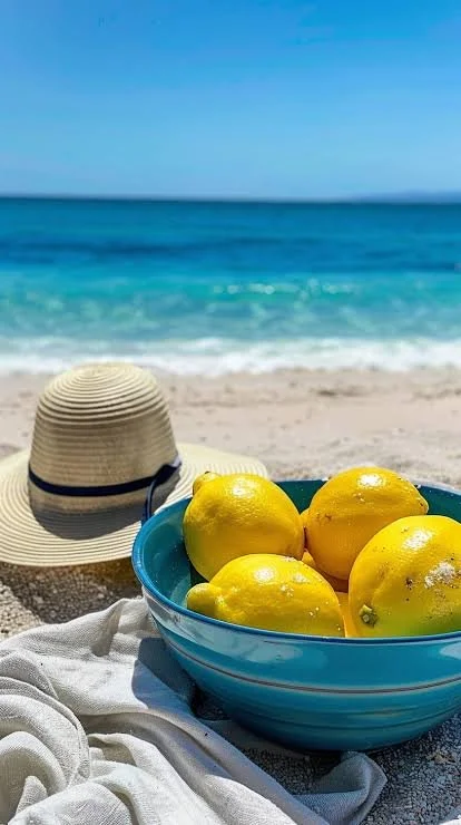 A blue bowl filled with lemons placed on a white towel on a sandy beach, with a straw sunhat nearby and the ocean in the background under a clear blue sky.