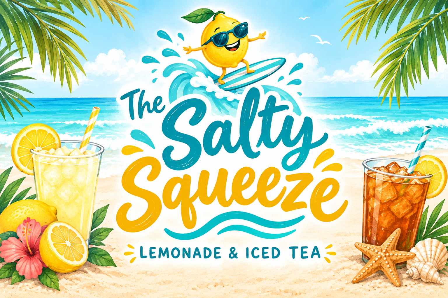 A colorful beach scene with a cartoon lemon surfing a wave, surrounded by tropical leaves, lemons, hibiscus flower, starfish, seashells, and two beverages with lemons, one lemonade and one iced tea. The text reads 'The Salty Squeeze Lemonade & Iced Tea'.