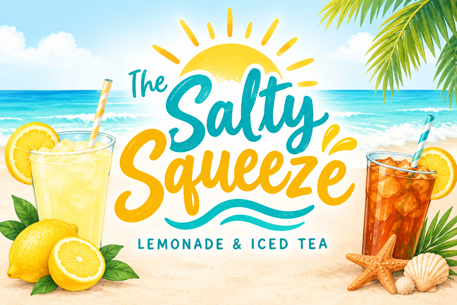Beach scene with two colorful drinks, lemons, and seashells, featuring text that says "The Salty Squeeze Lemonade & Iced Tea."