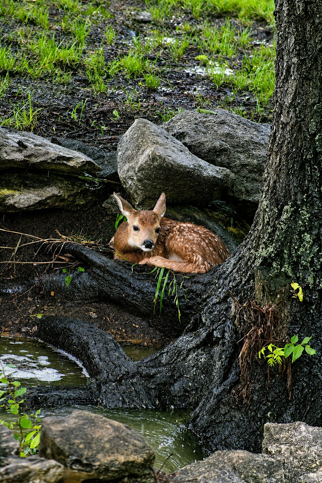 Deer resting against a tree near water in a forested area.
