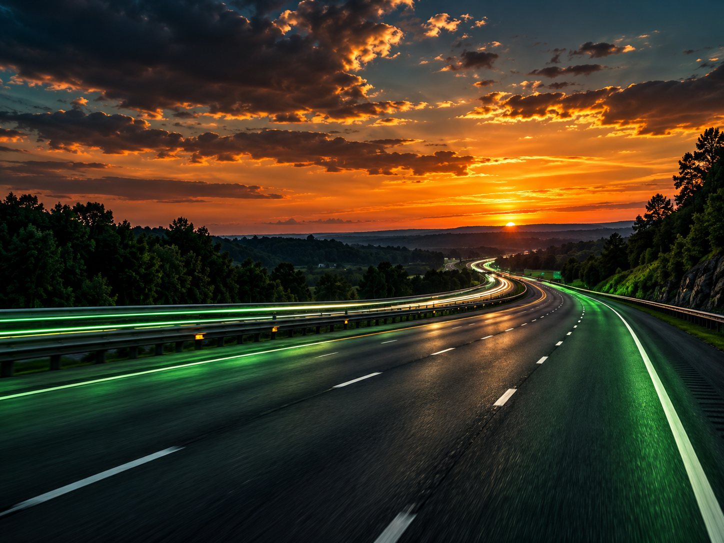 A scenic highway at sunset with the sky filled with orange and dark clouds, light streaks from moving vehicles, and lush green trees on both sides.