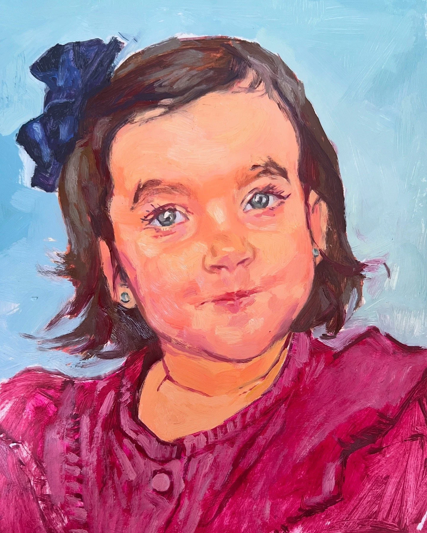 A painted portrait of a young girl with blue eyes, dark brown hair, a blue bow in her hair, earrings, and wearing a maroon top.
