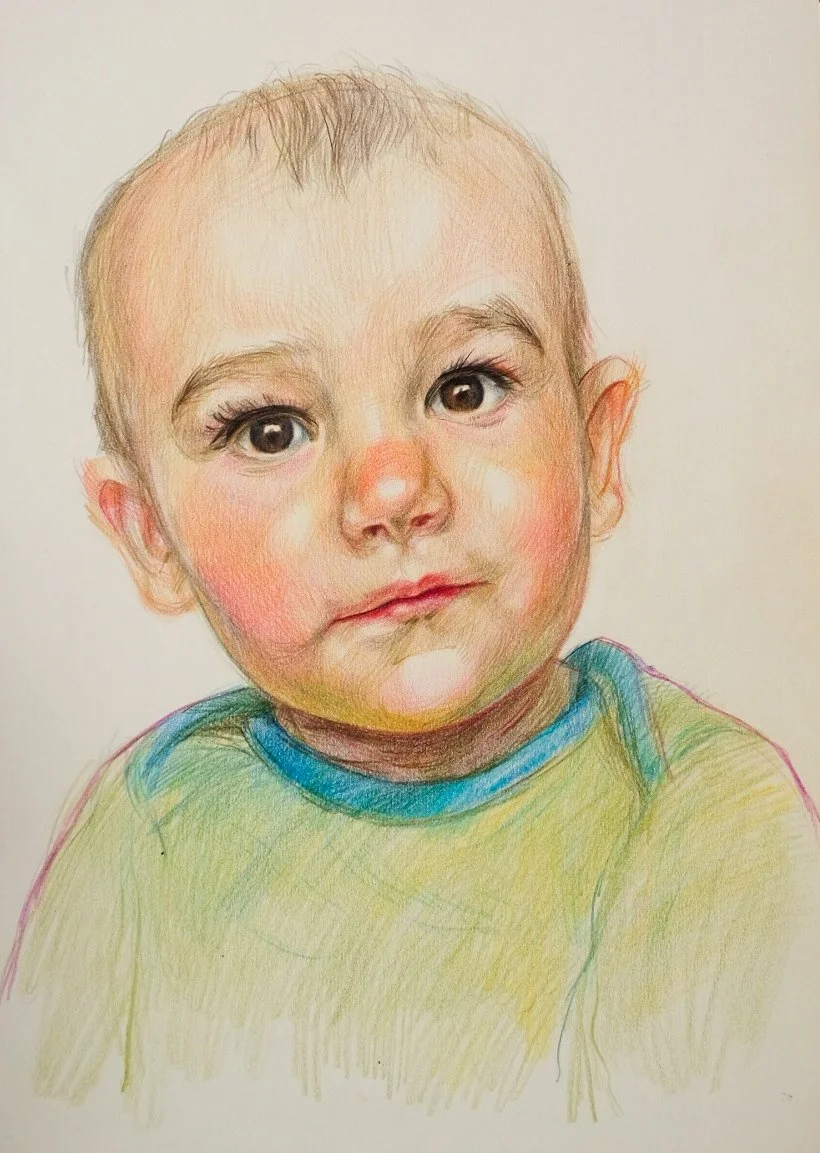 A detailed colored pencil drawing of a young child's face, with expressive eyes, pink cheeks, and wearing a yellow shirt with a blue collar.