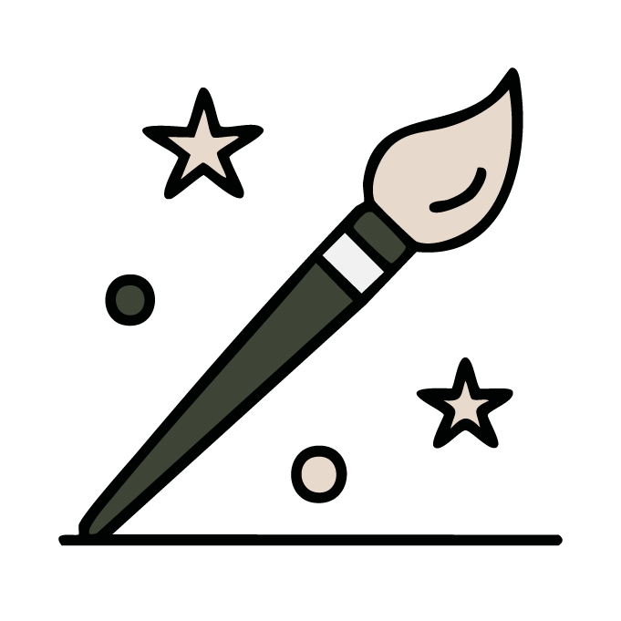 A space-themed illustration of a paintbrush with a star, moon, and planets in the background.
