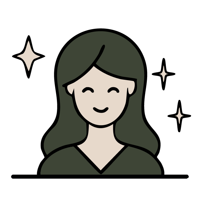 Cartoon illustration of a smiling woman with long hair, surrounded by sparkling stars.