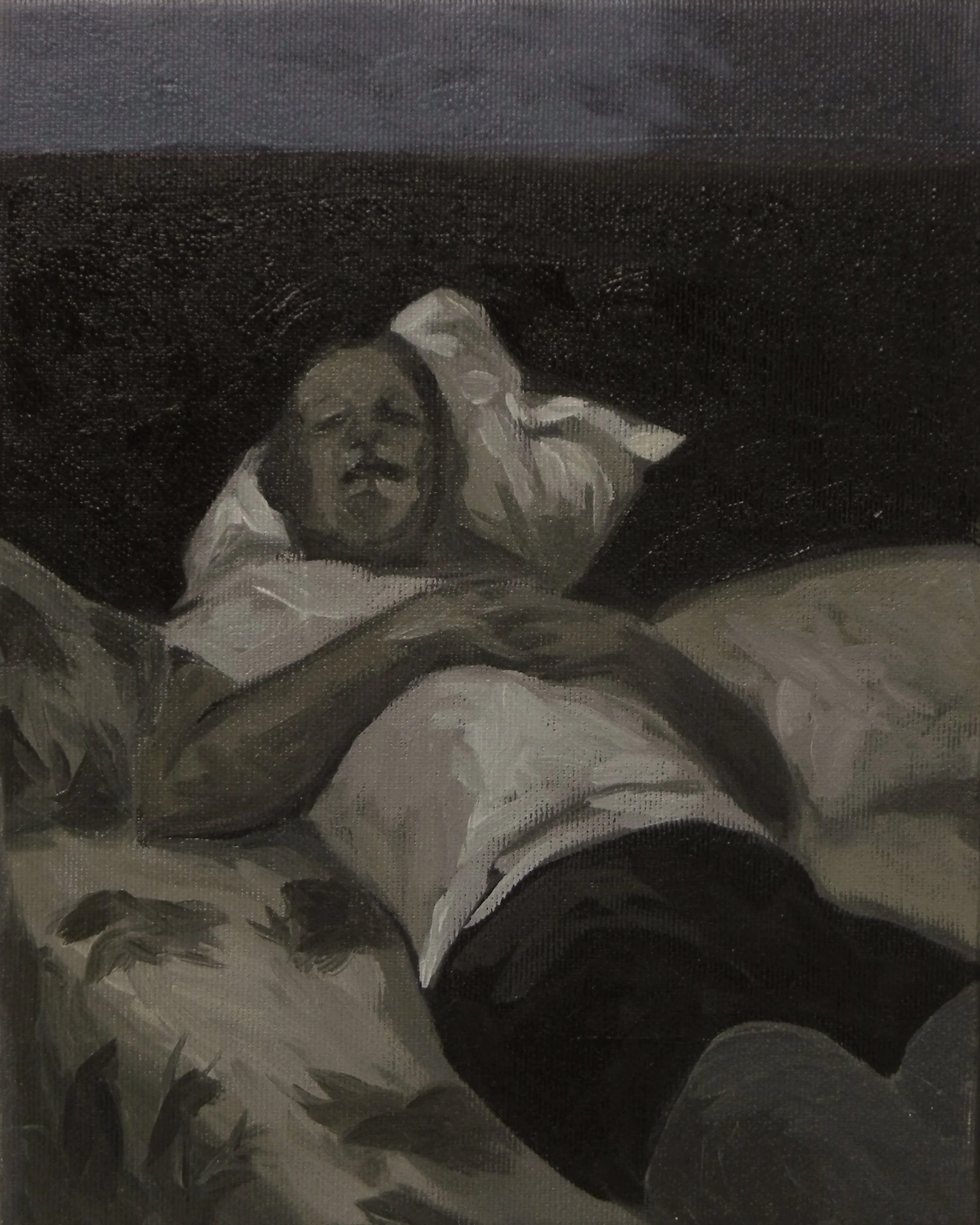 A grayscale painting of a man lying in bed, smiling with his head on a pillow, wearing a light-colored shirt and black shorts.