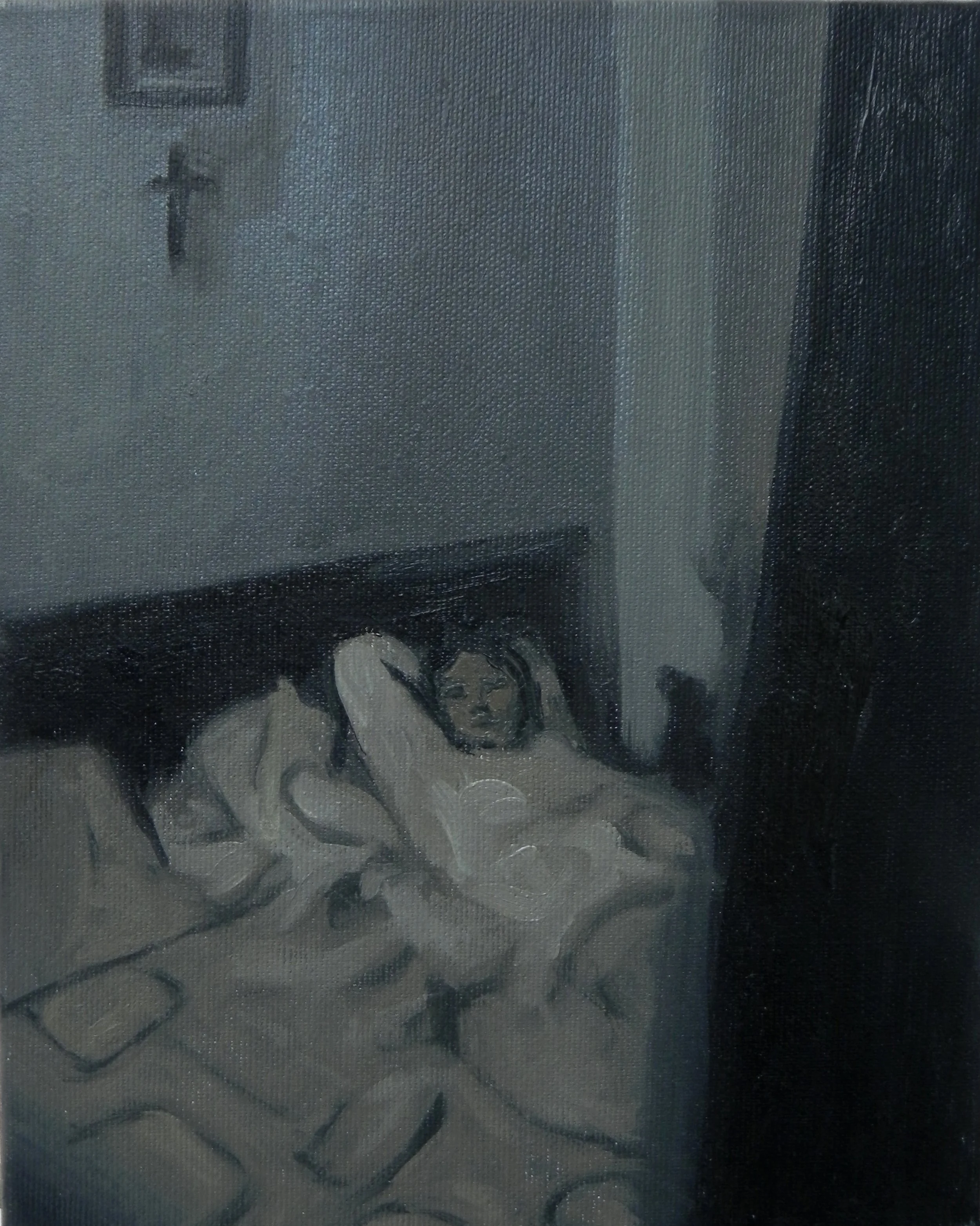 A grayscale painting of a woman lying on a bed with her head resting on her arm, surrounded by a few objects on the bed.