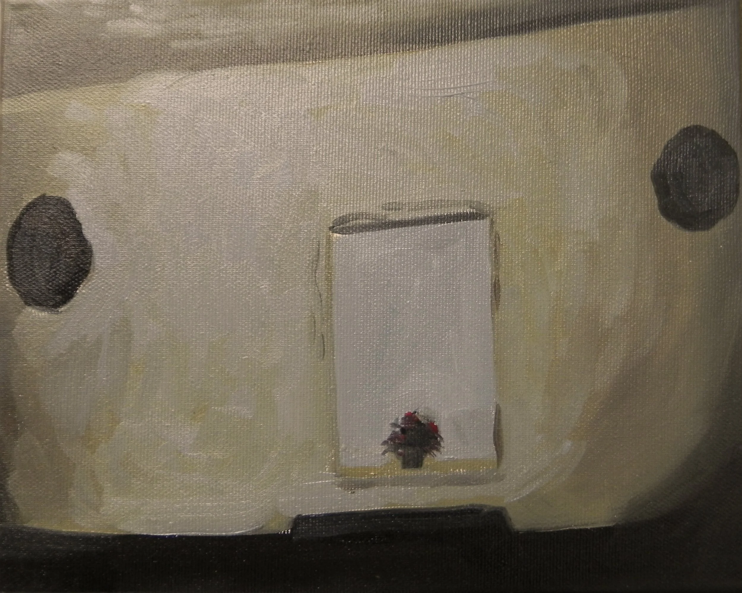 A painting of a window with a small flower pot on the sill, flanked by two round objects on a slightly textured wall.