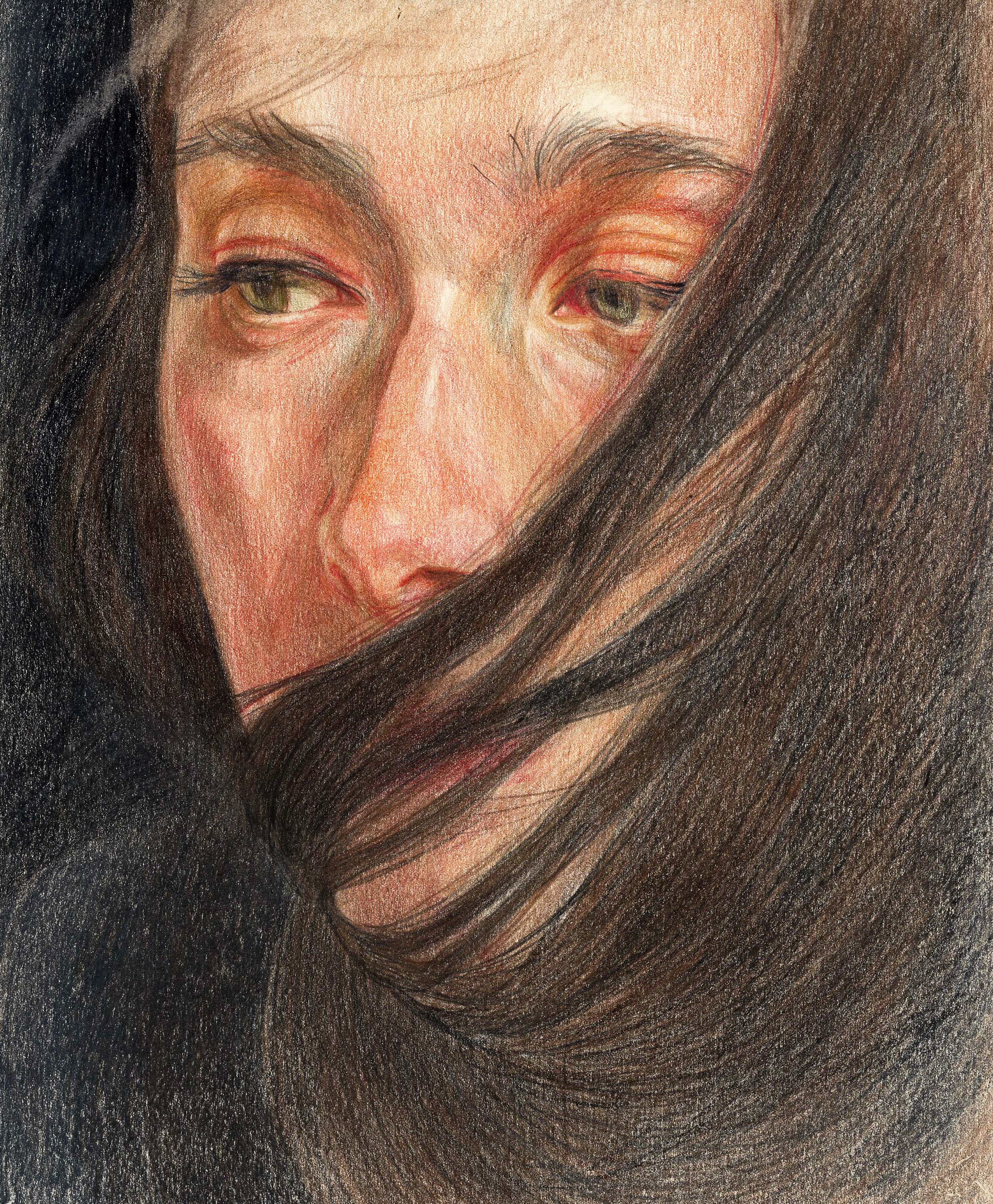 A close-up colored pencil drawing of a woman with long flowing dark hair partially covering her face, with detailed facial features and a contemplative expression.