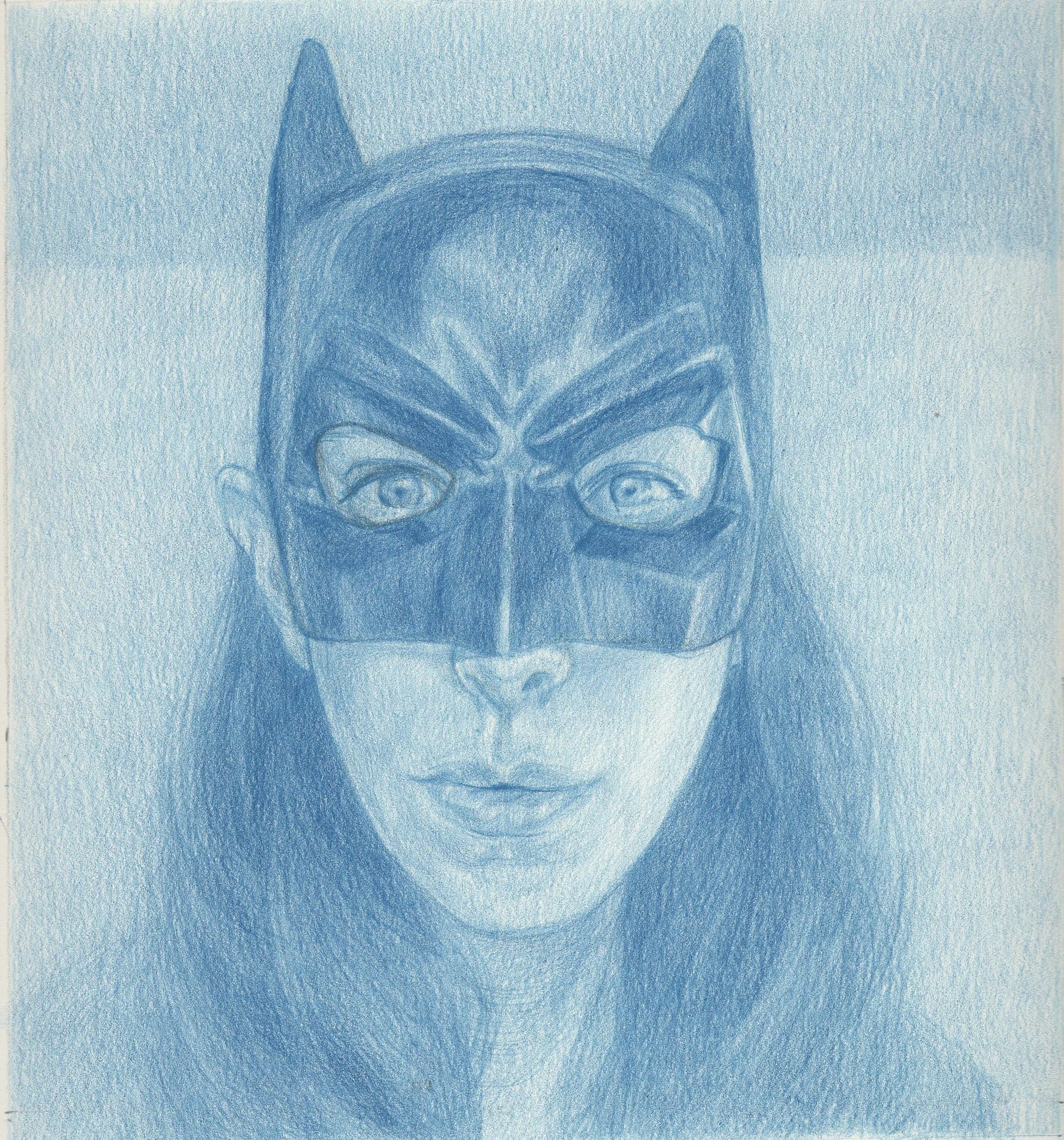 A detailed pencil drawing of a woman wearing a Batman mask, focusing on her face with long hair and visible eyes.