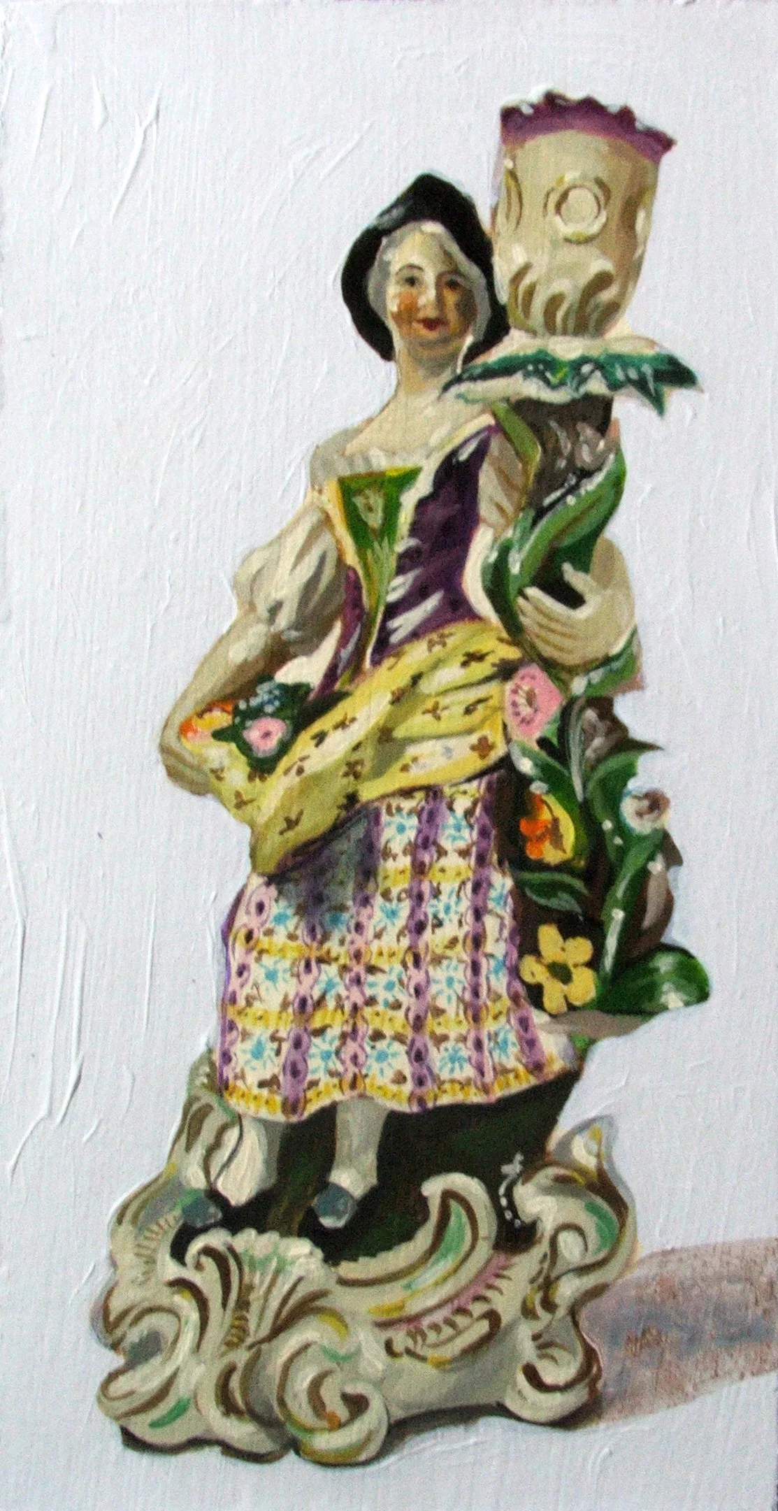 A painted figure of a woman holding a large, ornate cup on a decorative base, with a white background.