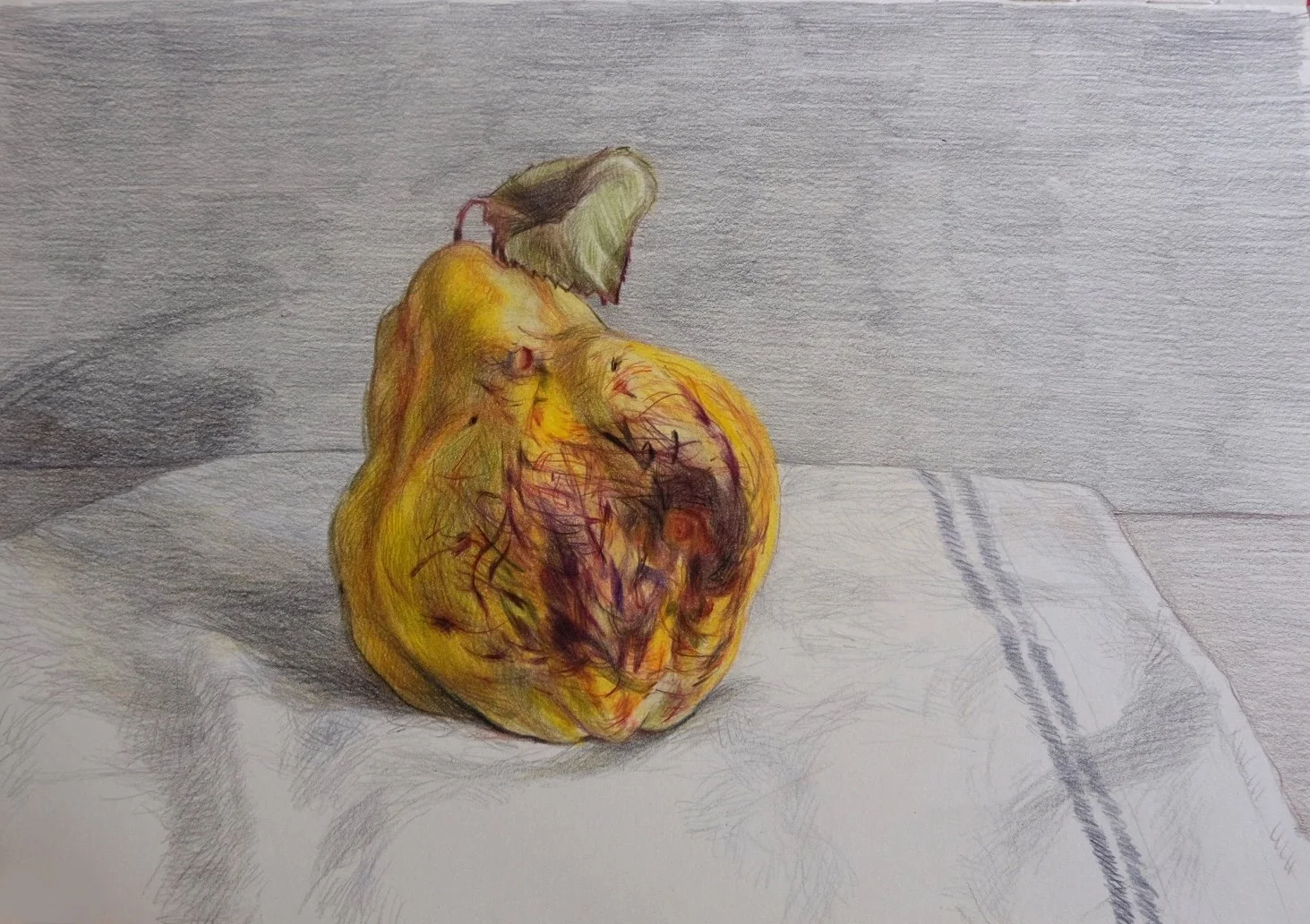 A watercolor painting of a yellow and orange apple with a green leaf on top, placed on a white cloth surface with gray background.