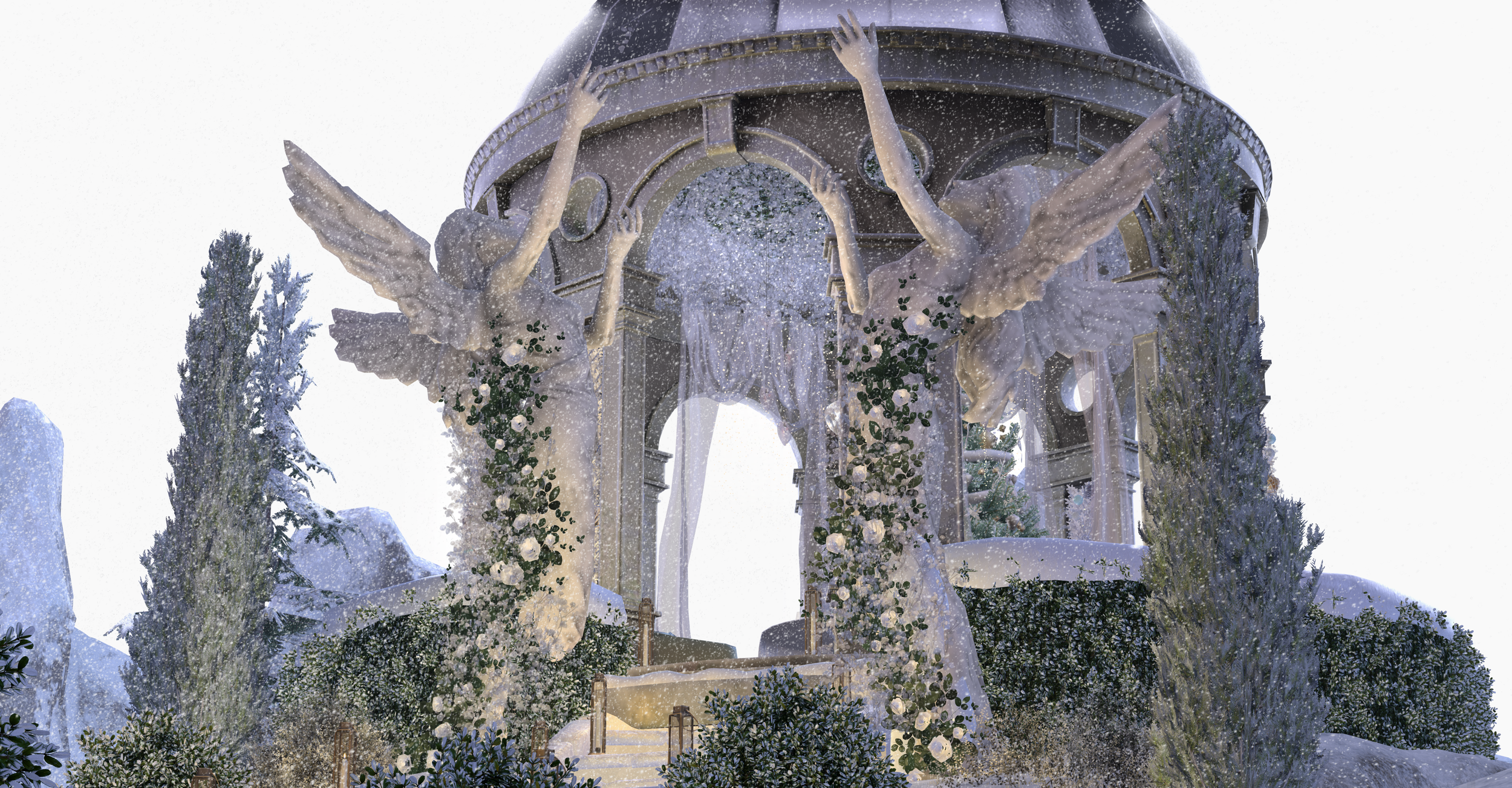 A wedding arch decorated with white flowers and greenery, featuring a large angel statue with outstretched wings, amidst snow-covered trees and landscape.