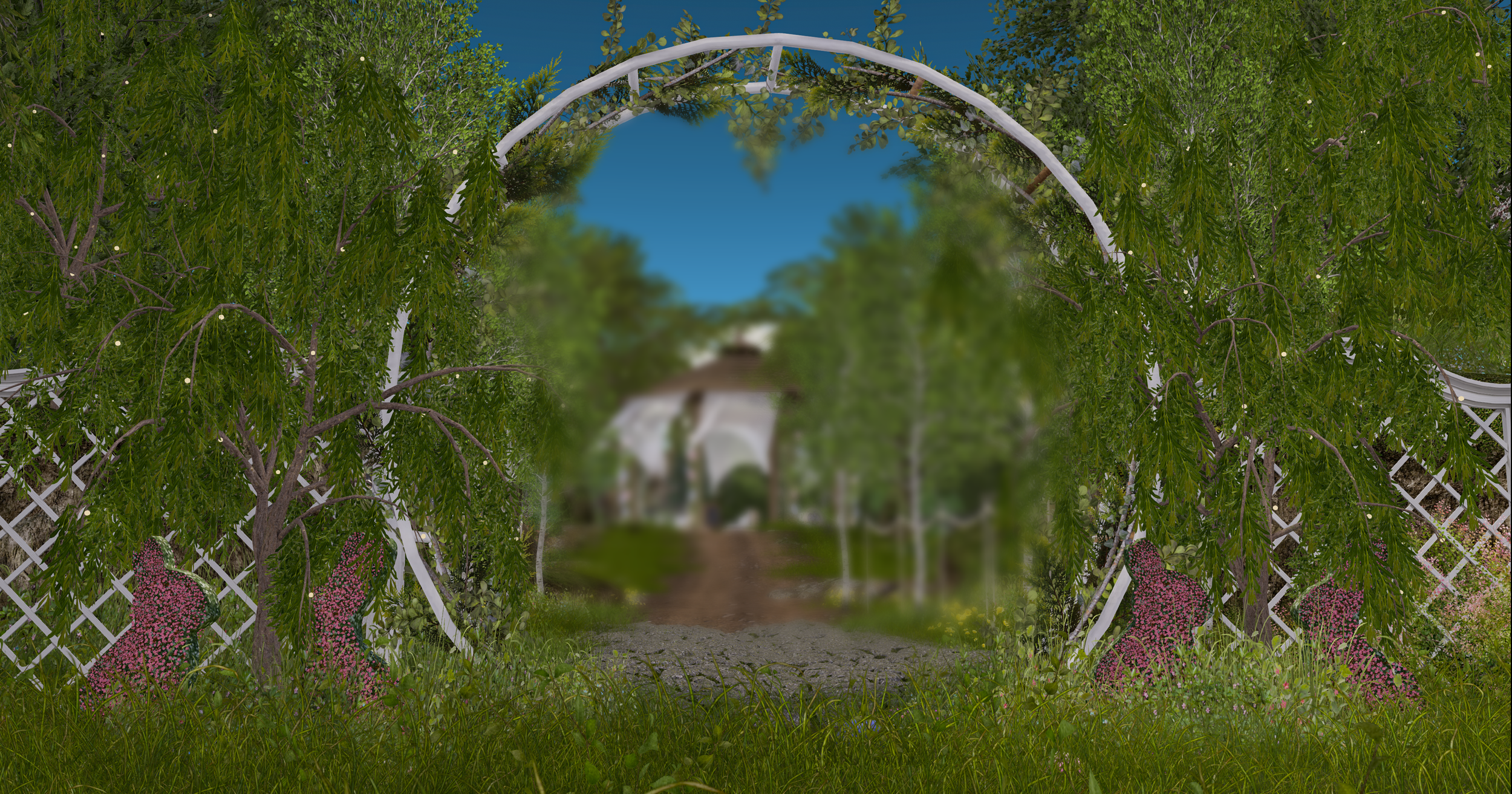 A garden archway covered with lush green foliage and pink flowering bushes, leading to a pathway with a white house in the background under a blue sky.
