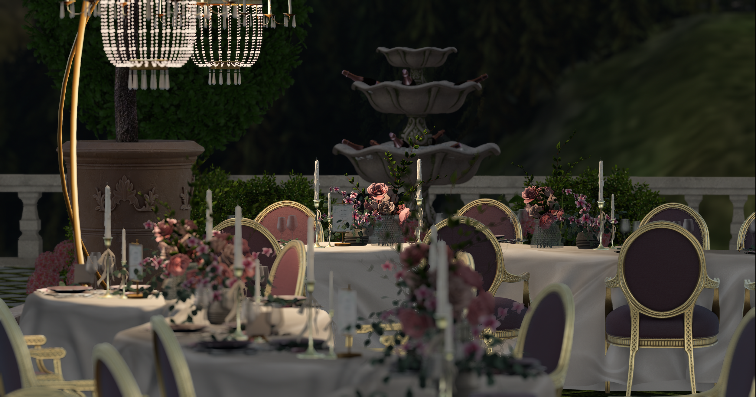 Elegant outdoor dining table decorated with pink and purple flowers, candles, and glassware, set against a backdrop of greenery and a fountain with three tiers.