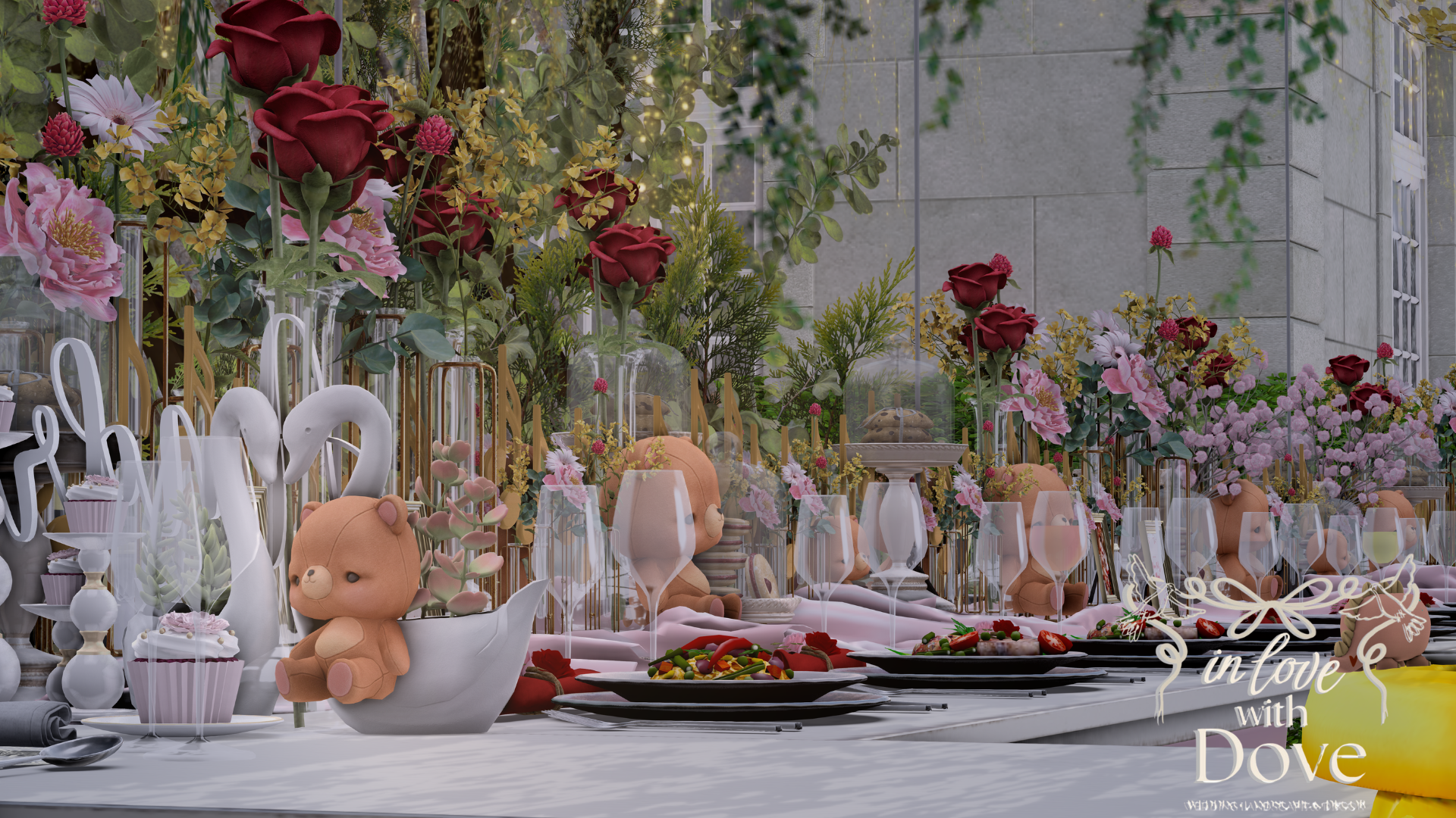 A decorated outdoor table at a celebration, with pink and red flowers, plush teddy bears, plates of food, and decorative items, featuring a garden backdrop with green foliage and a stone wall.