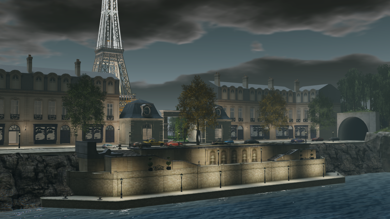 A digital image of a Parisian riverside street with classic European-style buildings, trees, parked cars, and a view of the Eiffel Tower in the background under a cloudy sky.