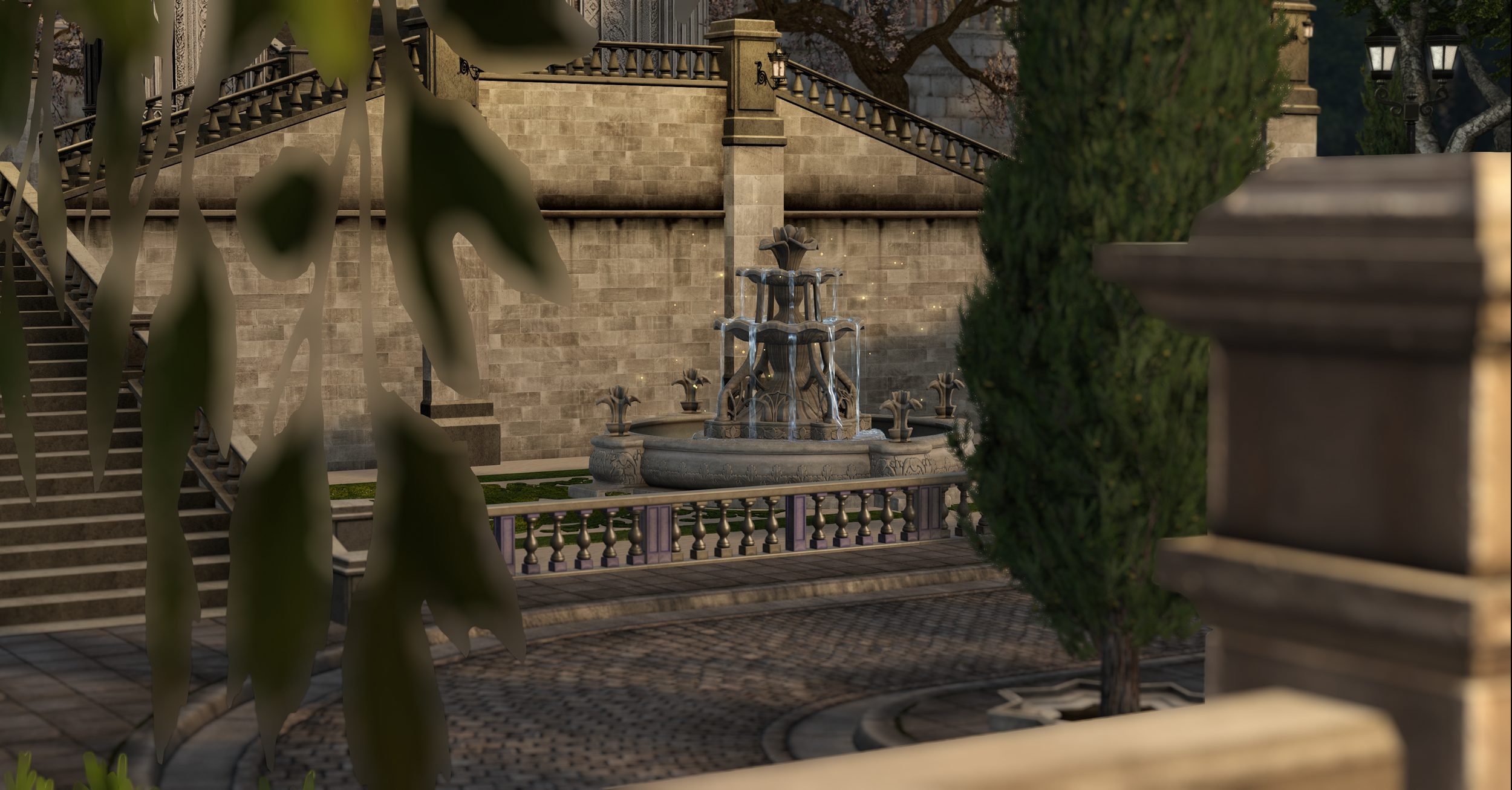 A decorative outdoor fountain with water flowing, surrounded by trees, stairs, and ornate lamp posts, seen through leafy foliage.