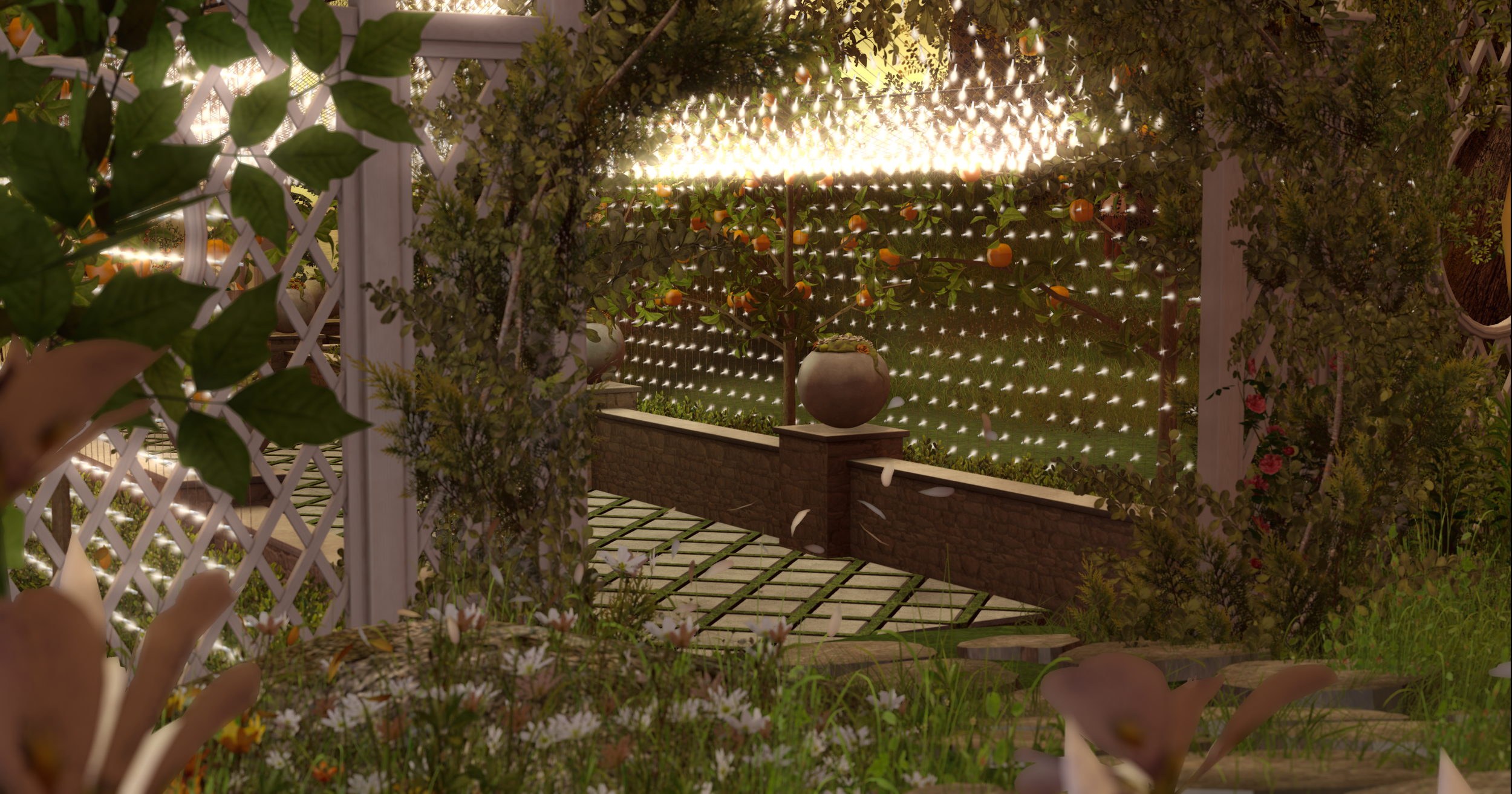 View of a garden decorated with string lights, surrounded by green plants, trees, and floral decorations.