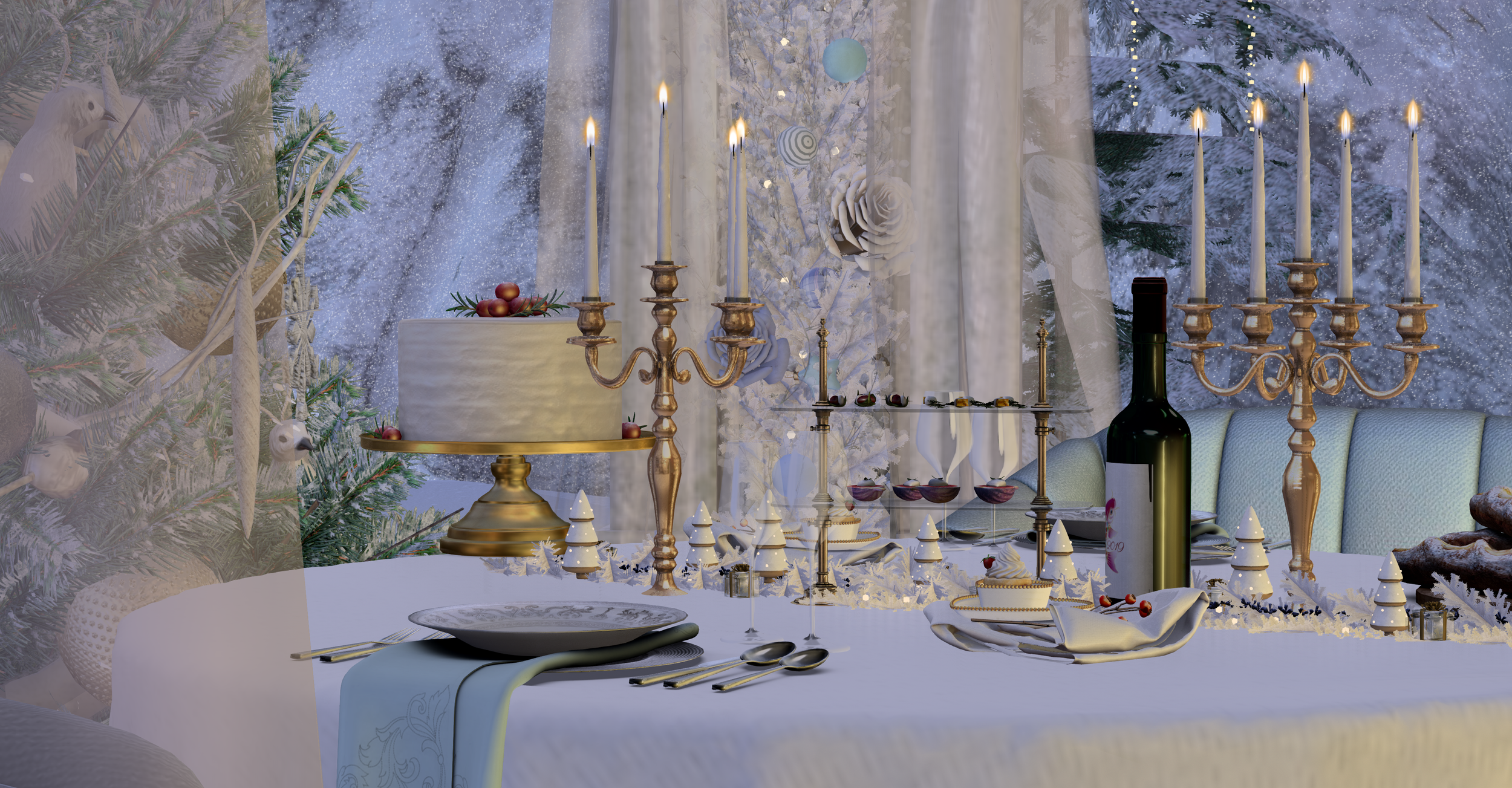A festive holiday dinner table decorated with candles, a cake, and holiday ornaments beside a snowy window with snow-covered trees outside.