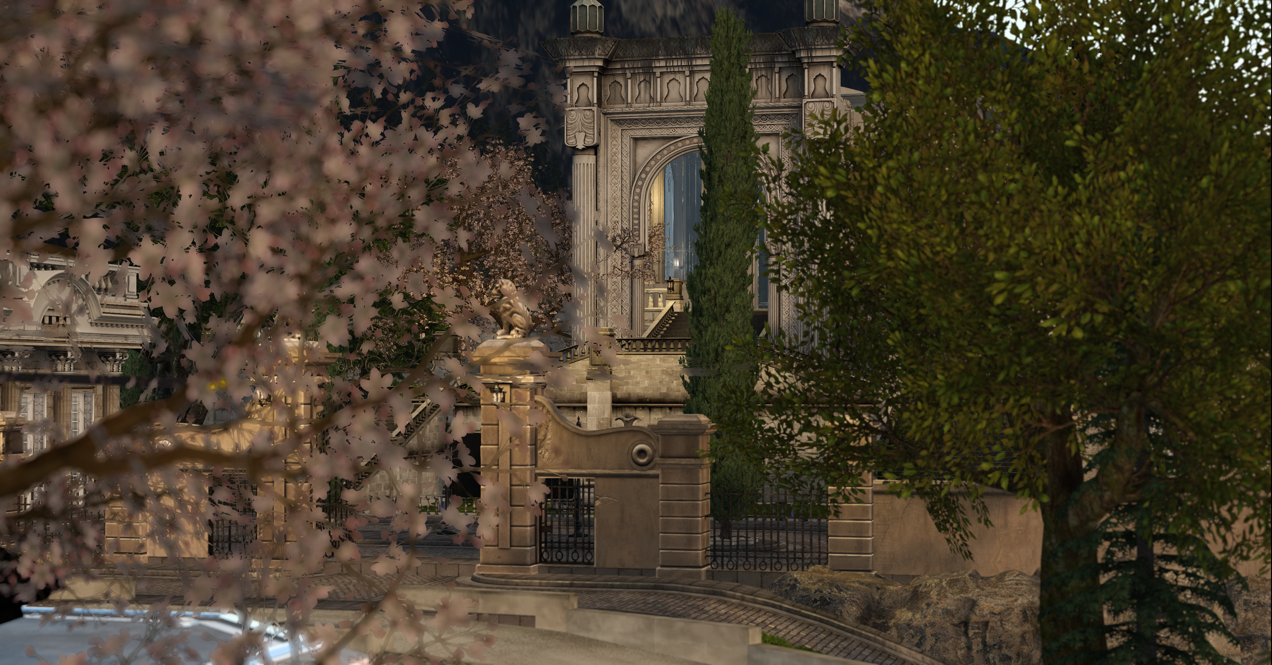 A historic building with an arched entrance, surrounded by green trees and pink blossoms.