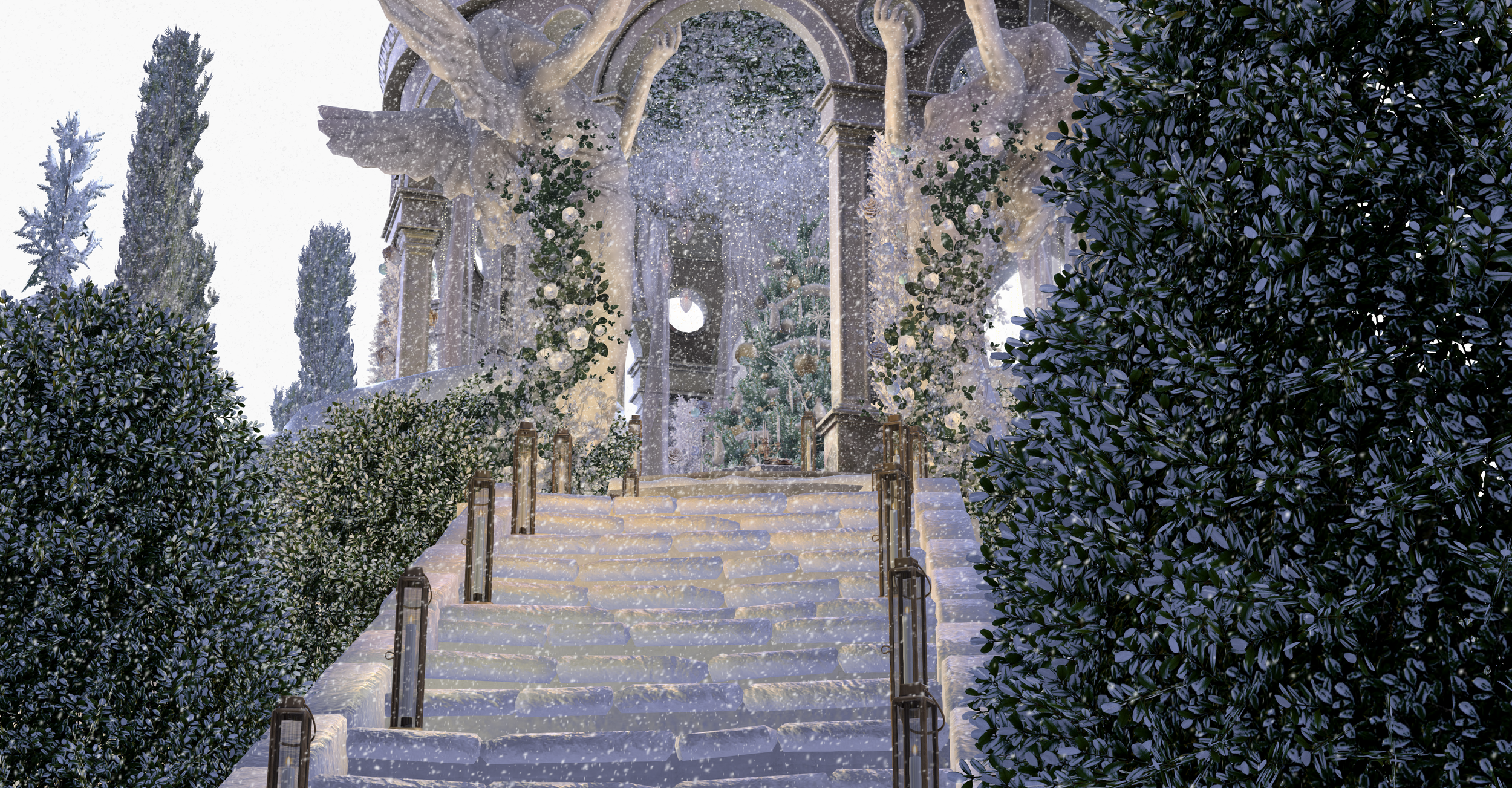 Snow falling on a staircase leading up to a building with an ornate doorway. Surrounded by snow-covered bushes and tall trees.
