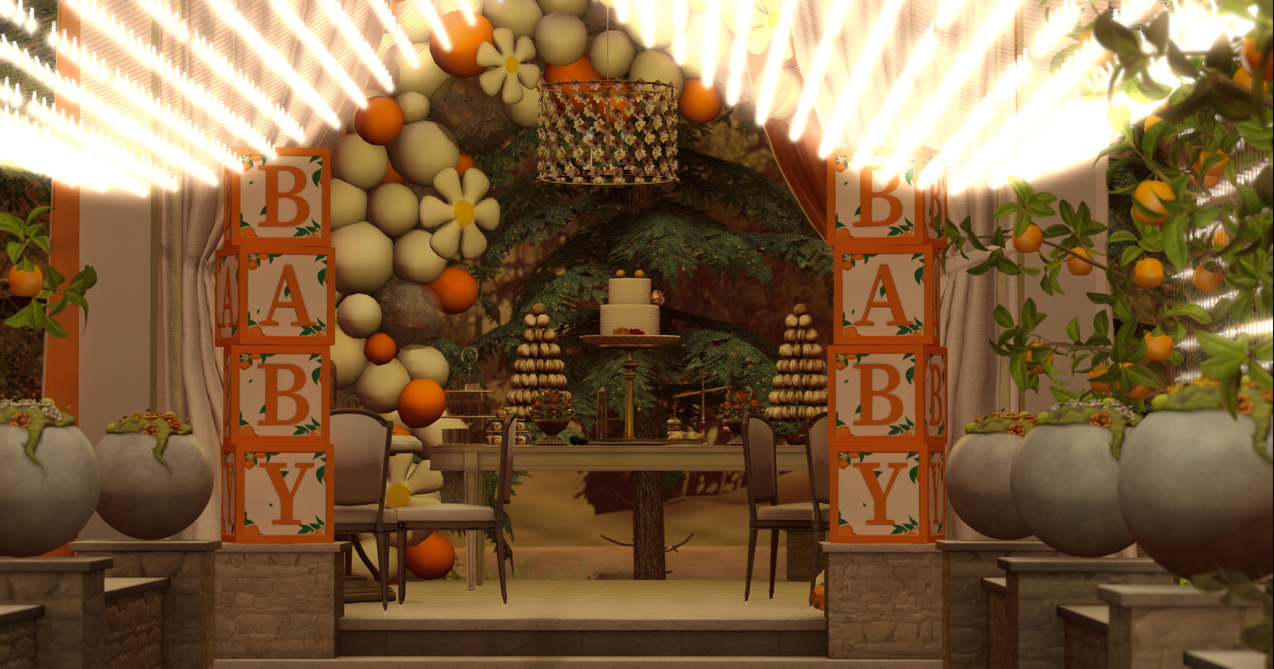Decorative indoor space with Christmas or holiday theme, featuring a large Christmas tree, ornaments, balloons, and a cake on a table, surrounded by potted plants and illuminated by bright string lights.