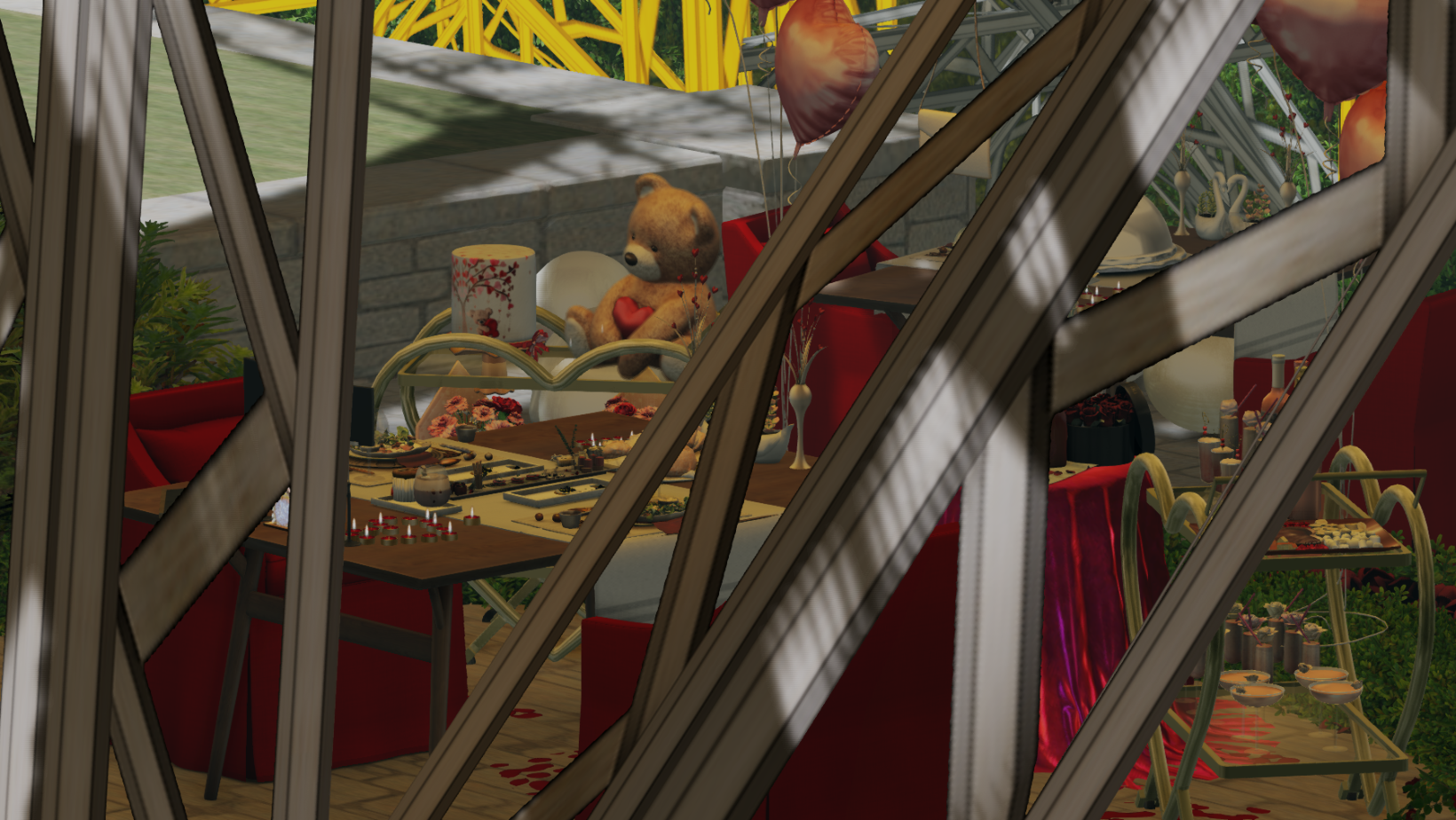 A room decorated with romantic and whimsical items, seen through a lattice or wooden slats. The room has a table with various objects like candles and small decorations, a teddy bear holding a red heart, and red and white furniture. The setting appea