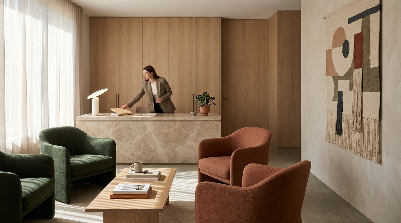 Interior of a modern office reception area with a woman at the reception desk, sitting on a beige chair. There are green and terracotta armchairs, a wooden coffee table with books and a mug, a textured wall hanging, and large windows with sheer curtains, creating a warm and inviting atmosphere.