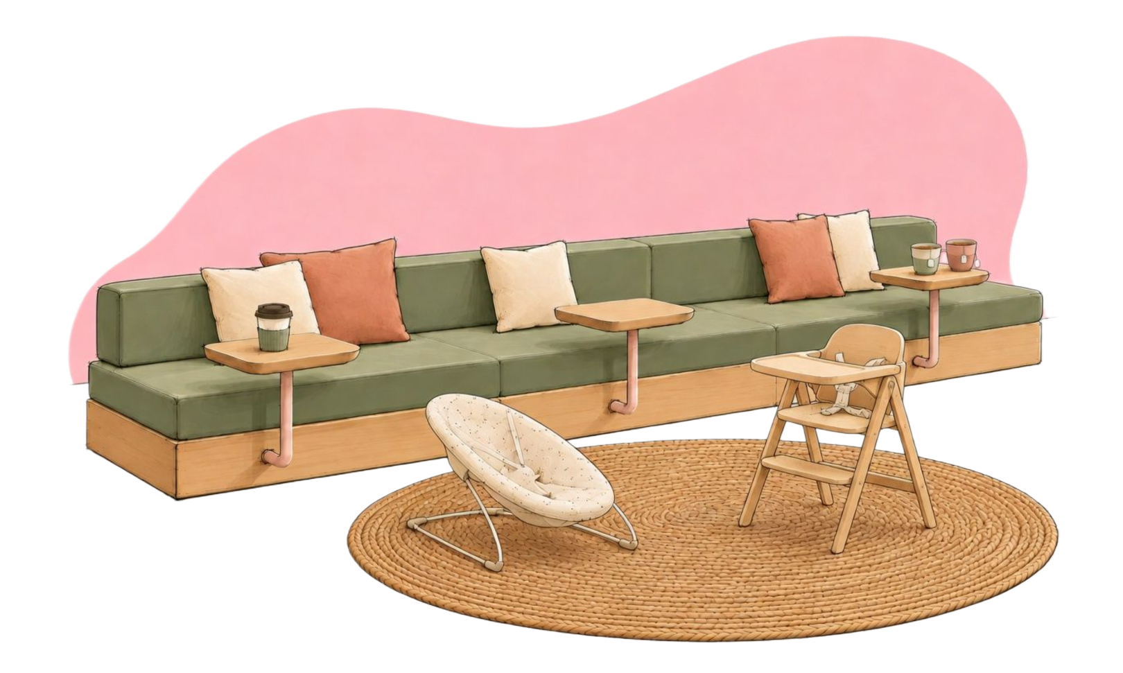 Built-in sage green bench seating with wooden tables, neutral cushions, a baby bouncer and highchair.