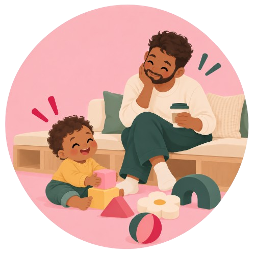 A parent relaxing on a low cushioned bench with a coffee while their child plays nearby.