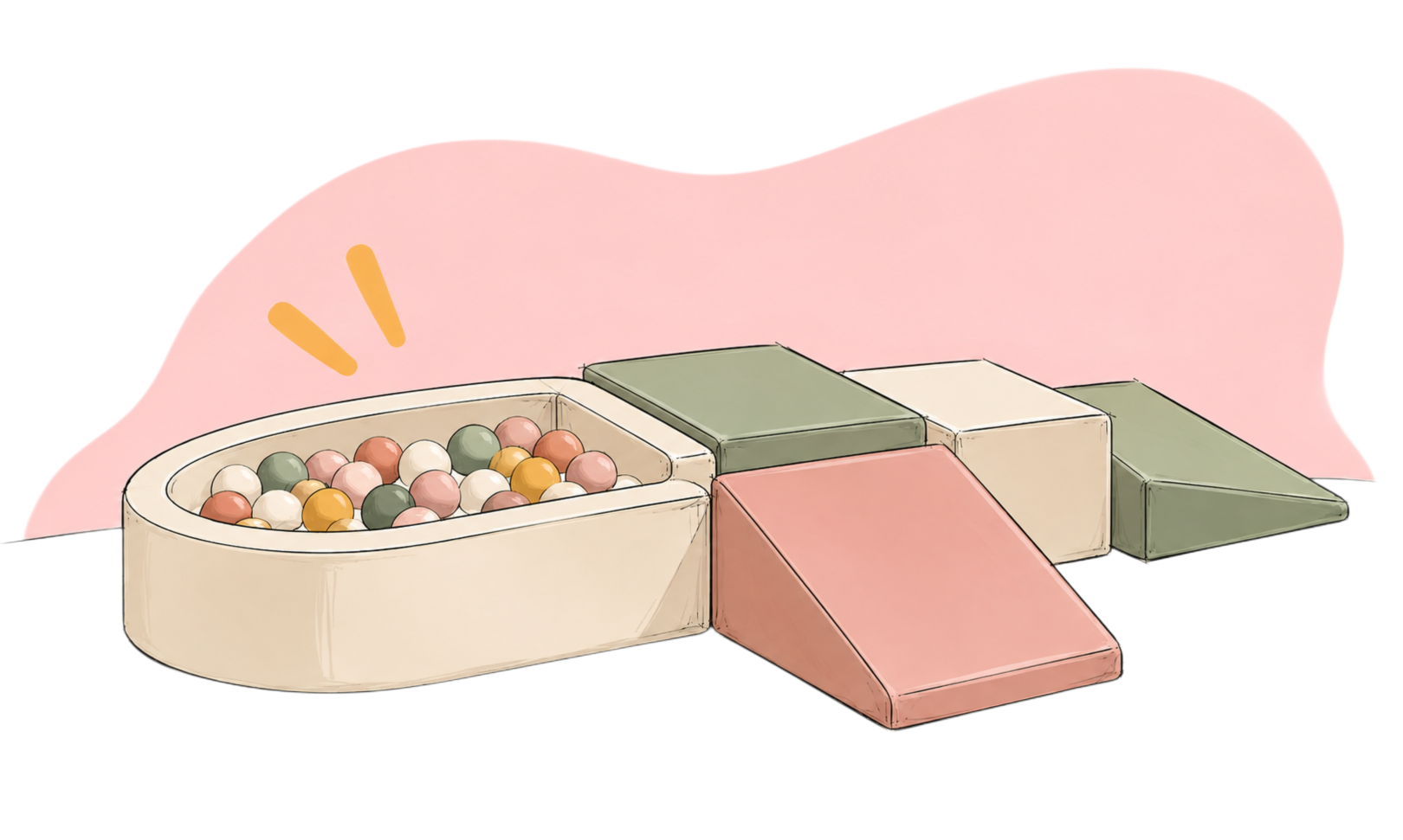Soft cream ball pit with pastel balls and cushioned climbing ramps in sage green, blush pink and cream.