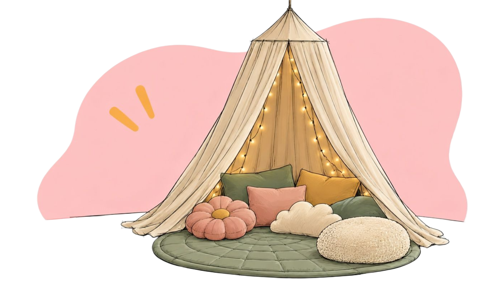 Cosy teepee with warm fairy lights, soft cushions and a sage green floor mat.