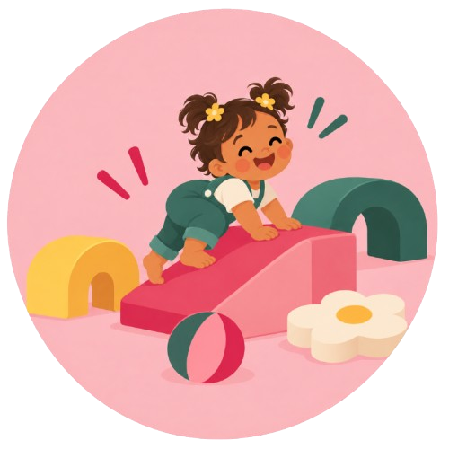 A toddler climbing a soft play wedge surrounded by colourful play equipment.