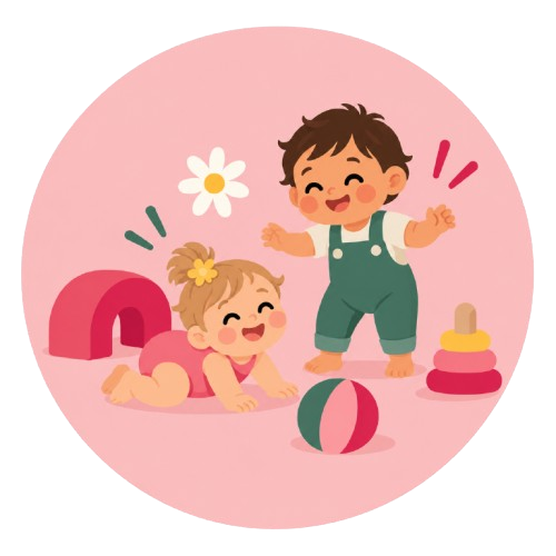 Two young children playing in a colourful indoor play space, one crawling and one standing.