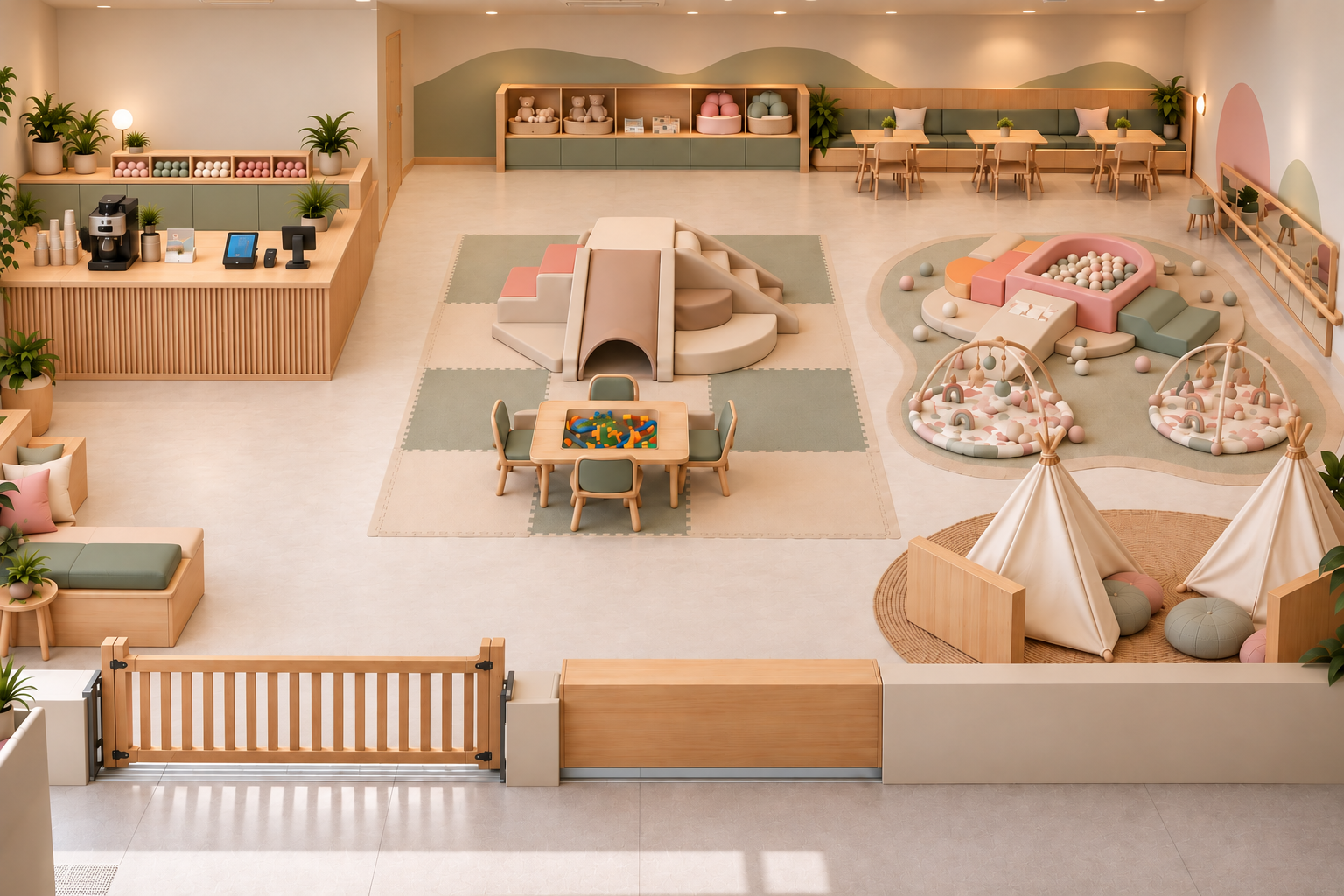 Empty children's play area with soft mats, a slide, a ball pit, small tents, low tables with chairs, and various toys, decorated in pastel colors and plants.
