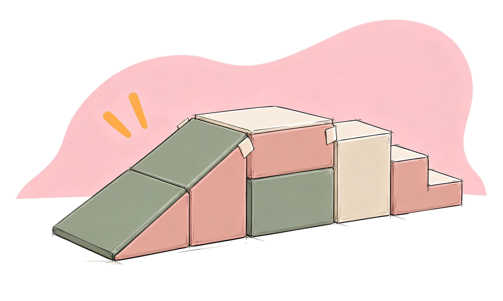 Modular soft-play ramps, steps and climbing blocks in sage green, blush pink and cream.