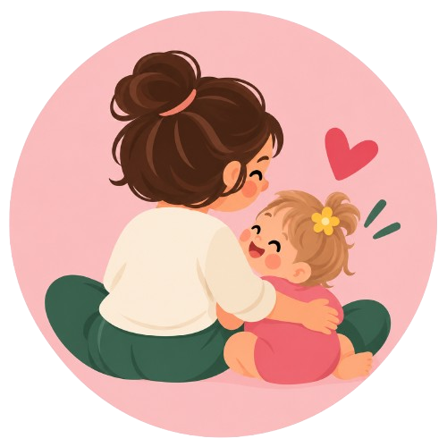A parent sitting on the floor and cuddling their young child.