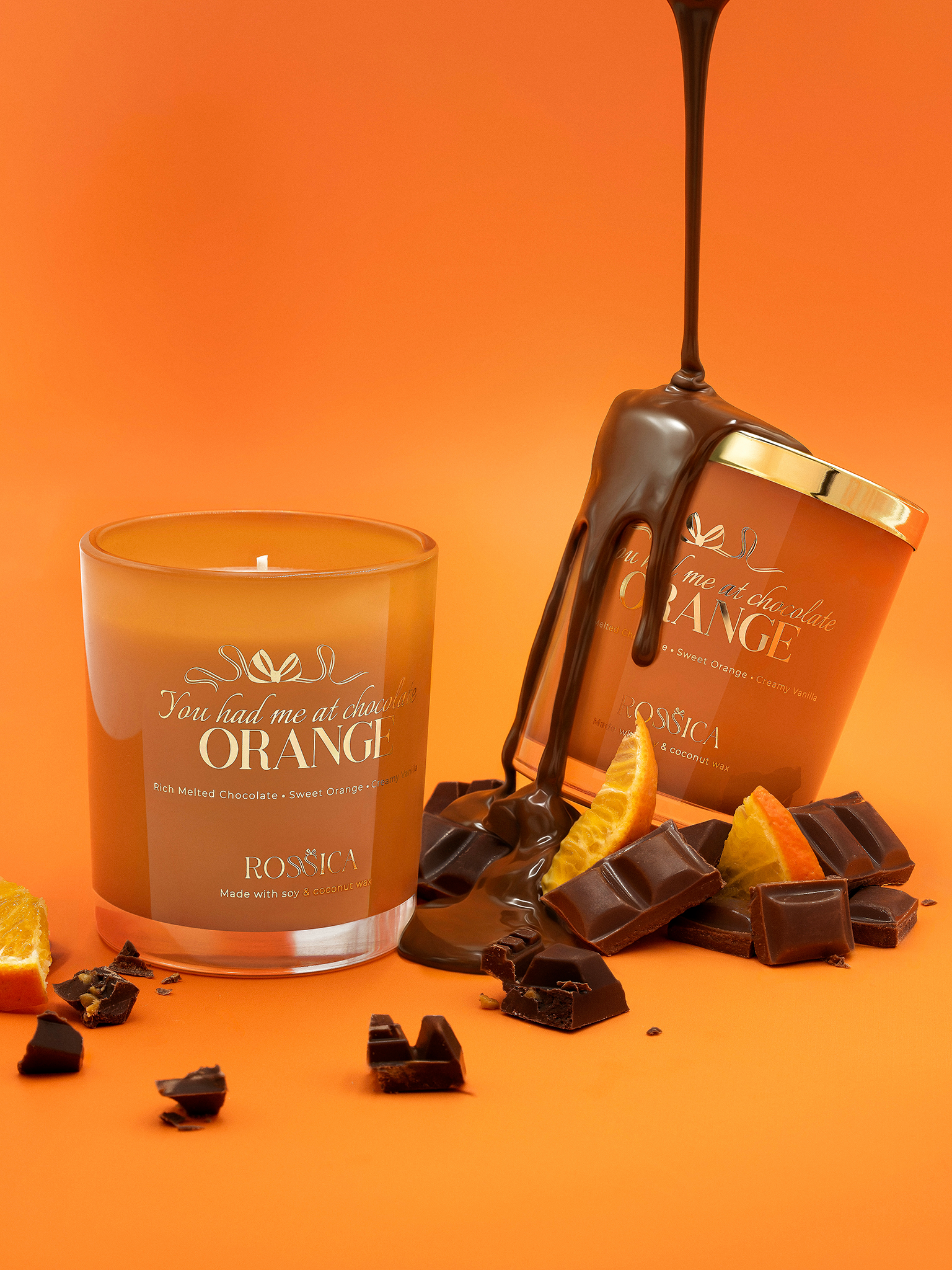 Rossica chocolate orange candle with melted chocolate pouring, creative product photography