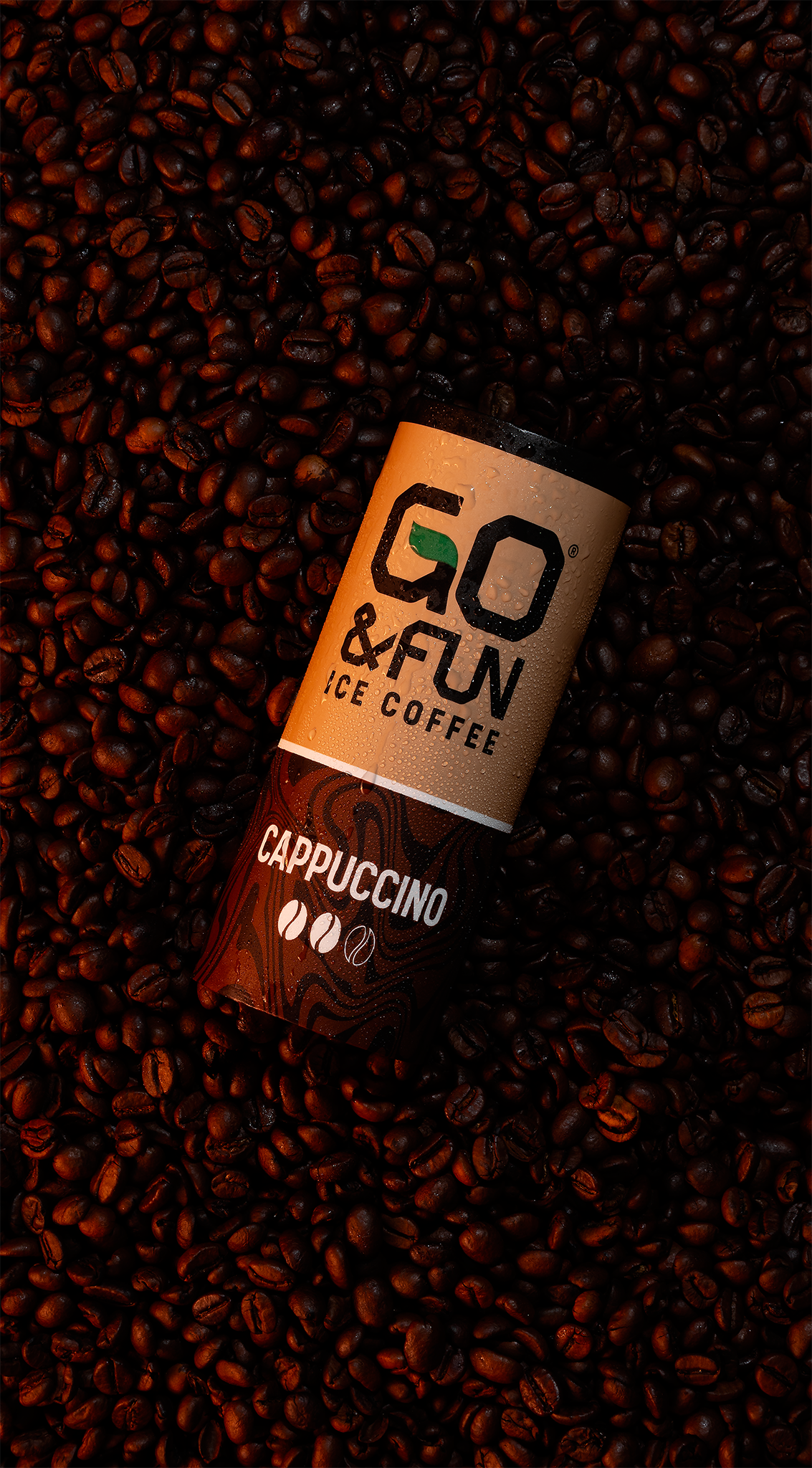 Go&Fun Cappuccino can standing in roasted coffee beans, beverage product photography