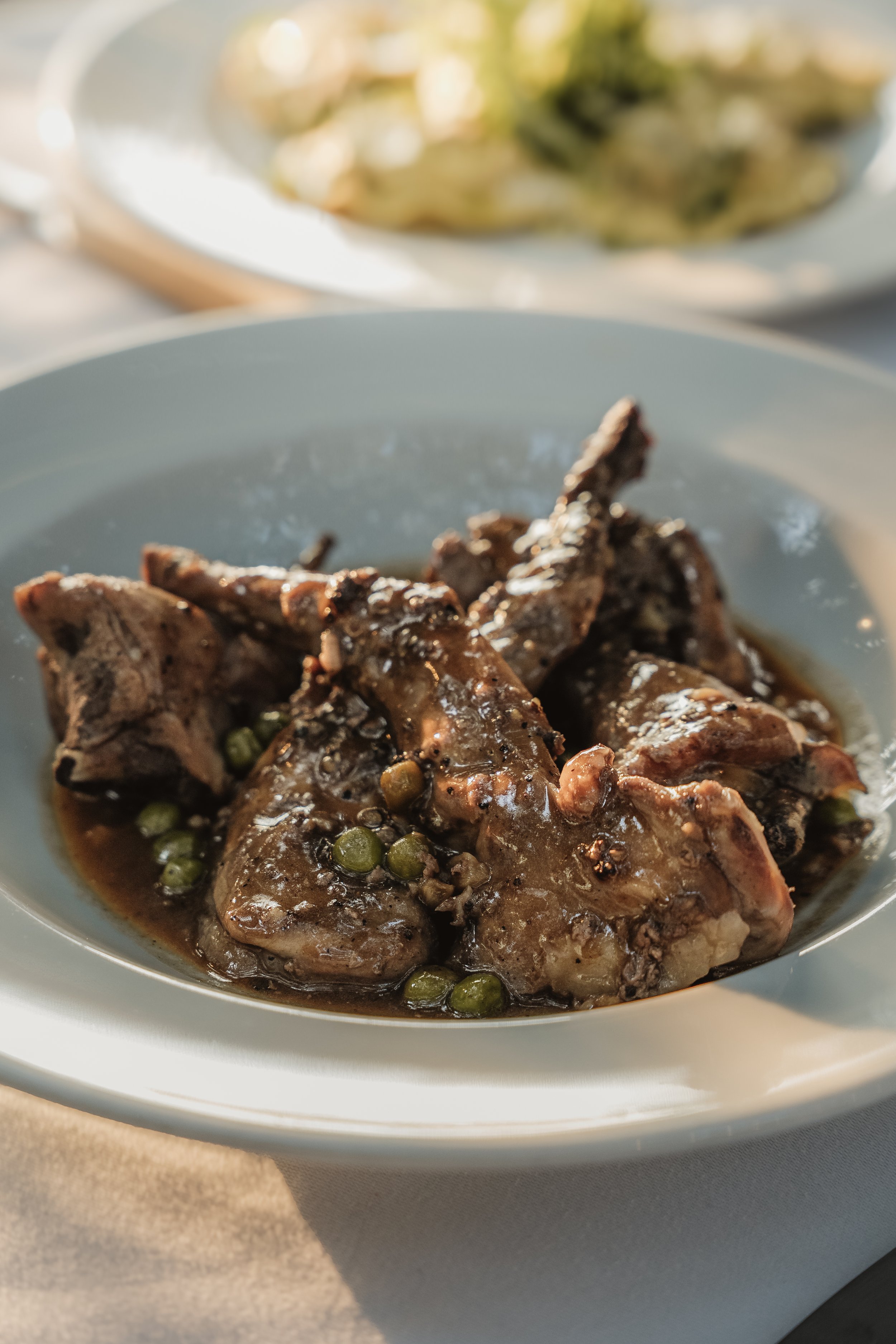 Pan-fried meat with herbs in a white dish, restaurant food photography
