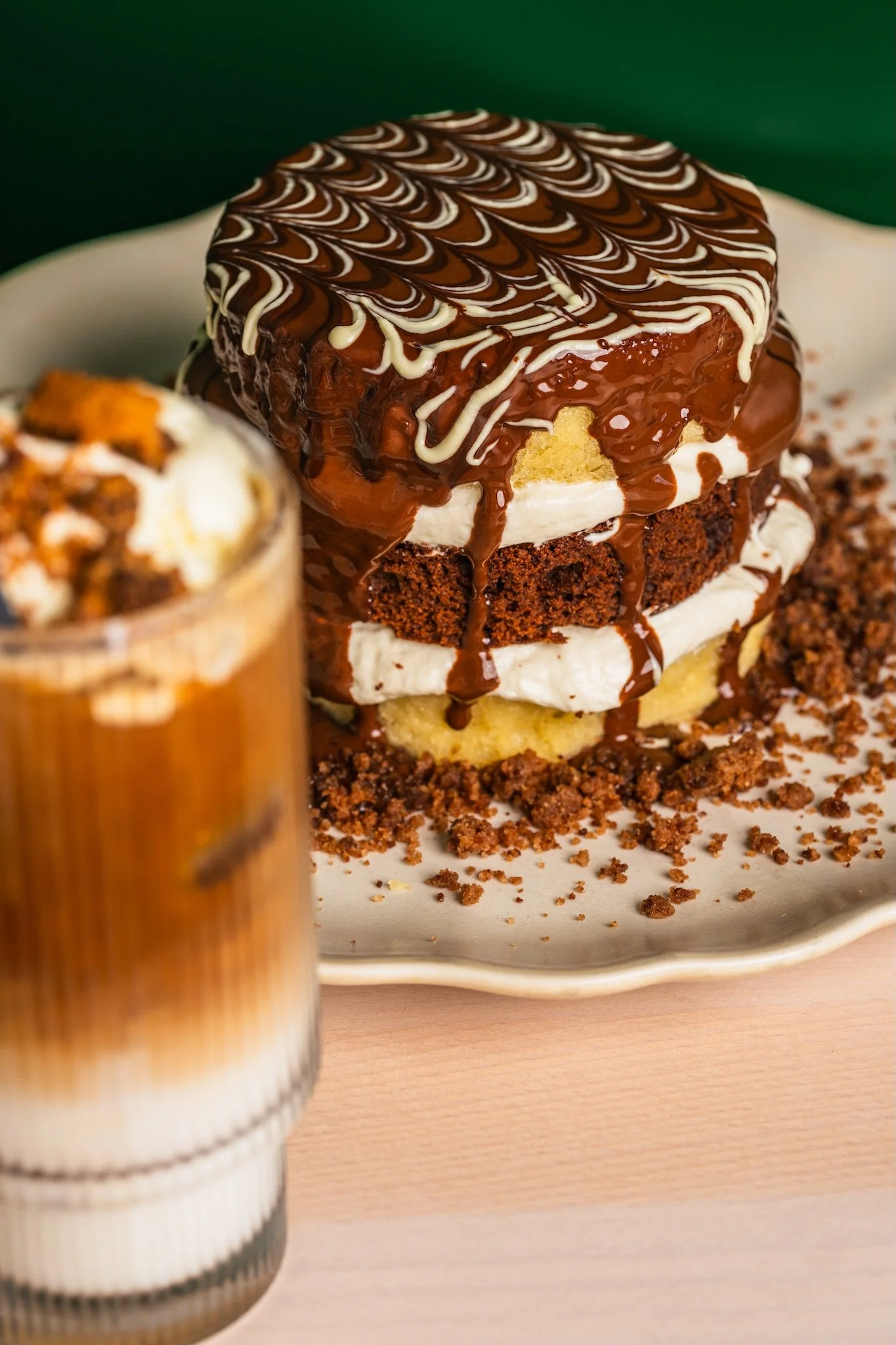 Chocolate pancake stack with an iced latte, brunch photography Malta