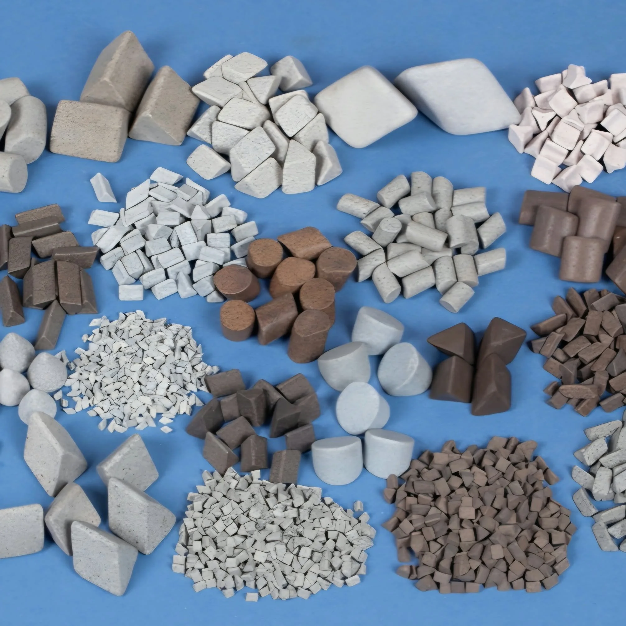 Assorted white, gray, brown, and black ceramic or stone pieces in various shapes and sizes arranged on a blue background